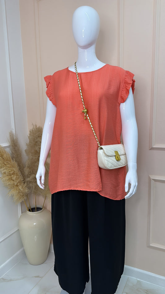 CASSIE coral frill detail button back top