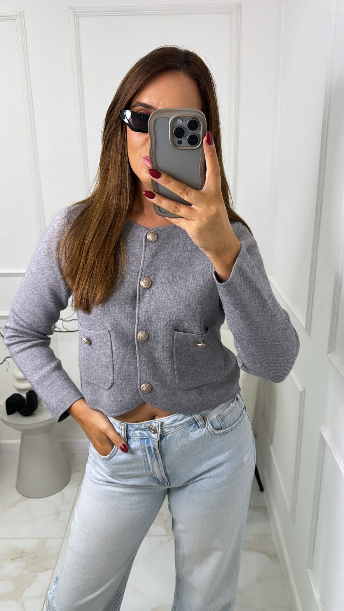 ISLA grey gold button cropped cardigan