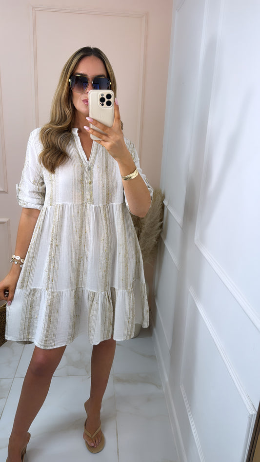 ANNIE white & gold metallic smock dress