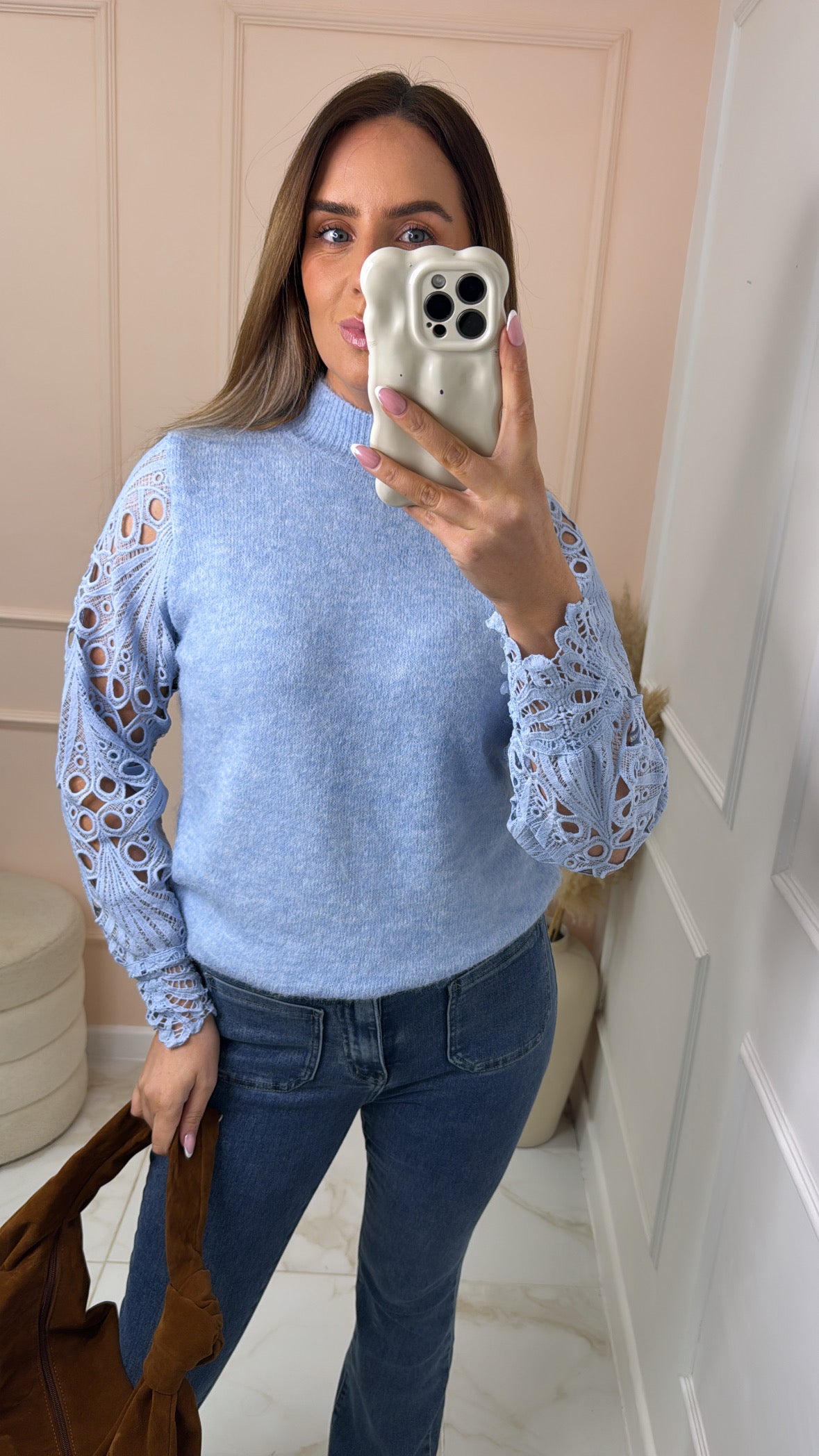 ROBERTA blue crochet sleeve jumper