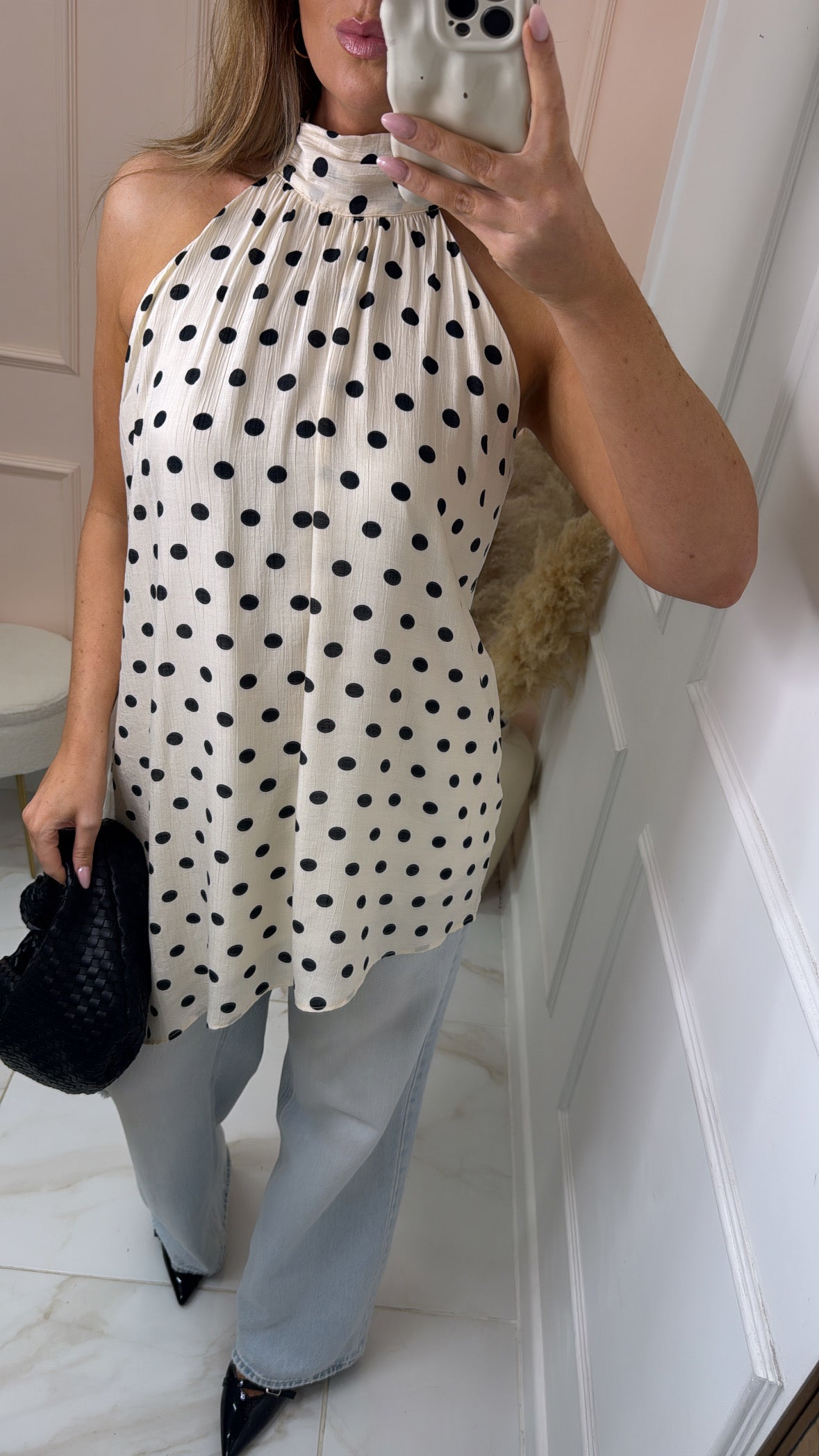 JESSIE beige polka dot halter asymmetric top