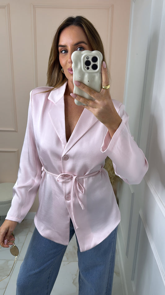BELLE pink tie waist silky blazer