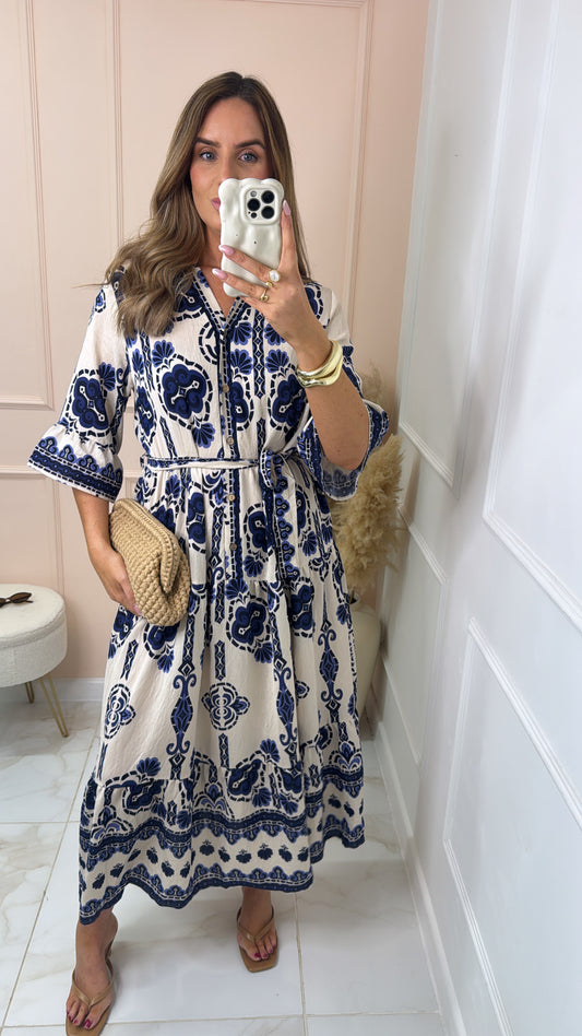 AVA blue printed frill sleeve summer dress
