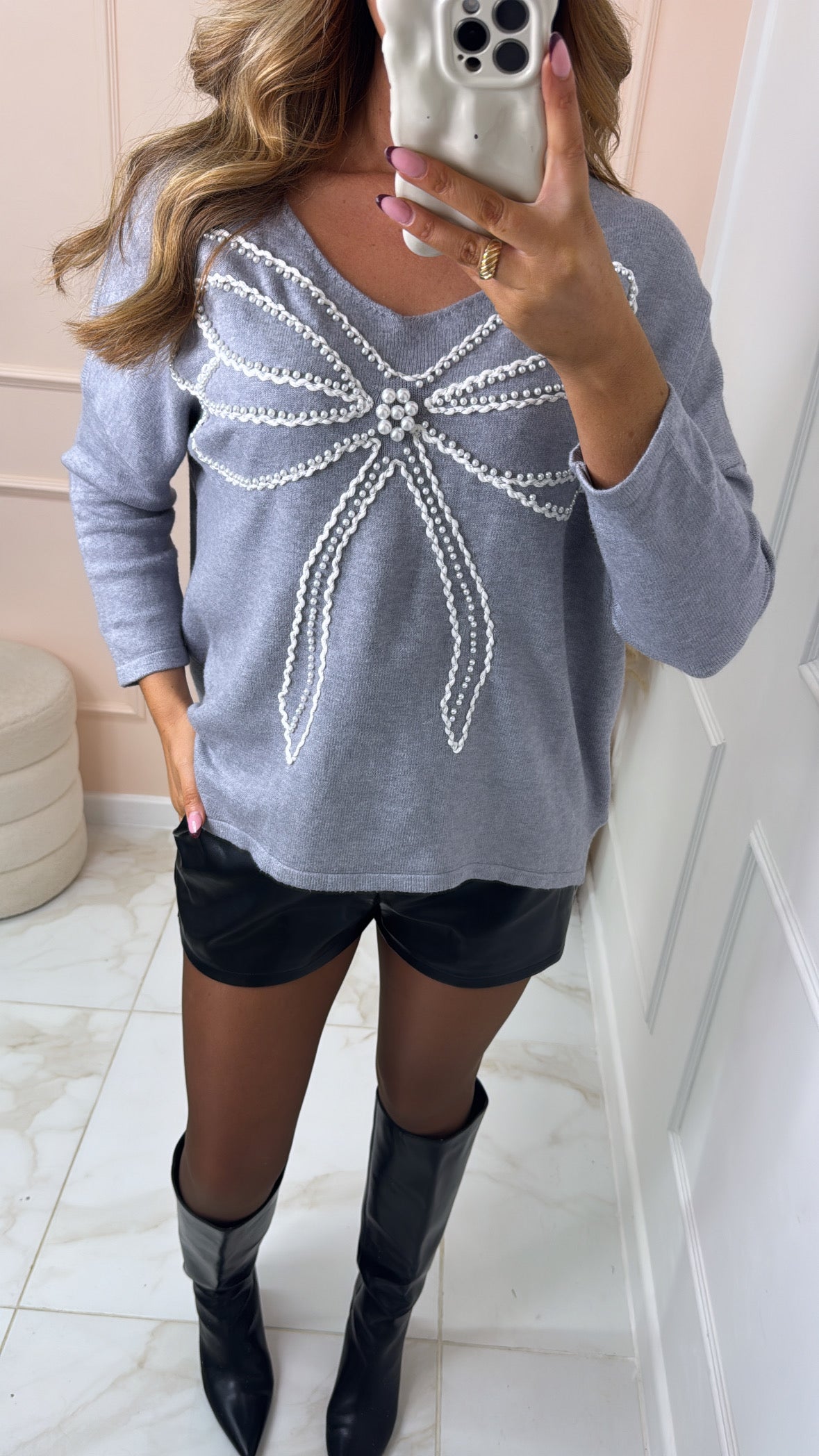 BETHANY grey pearl bow jumper