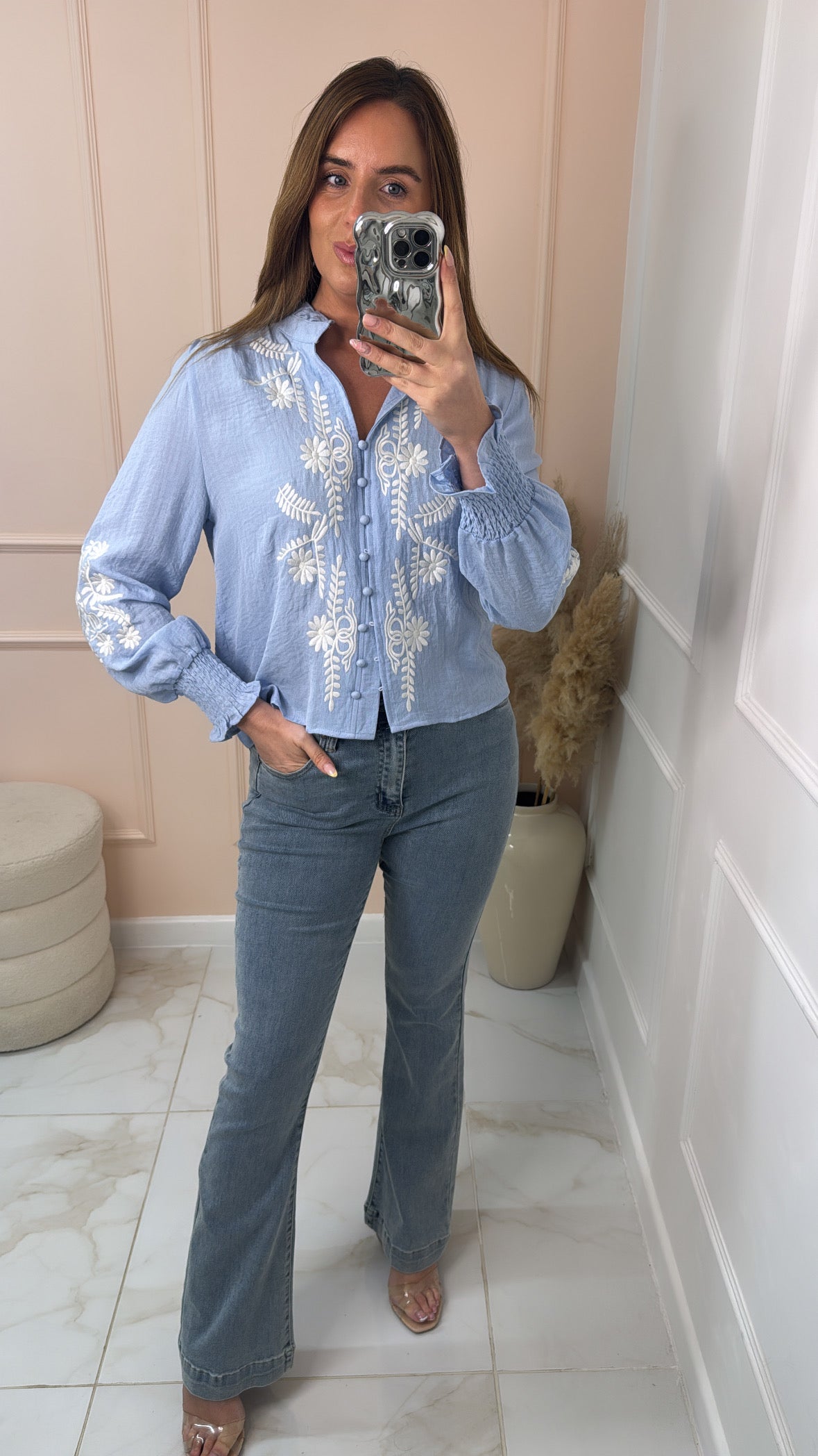FREYA powder blue button embroidered shirt