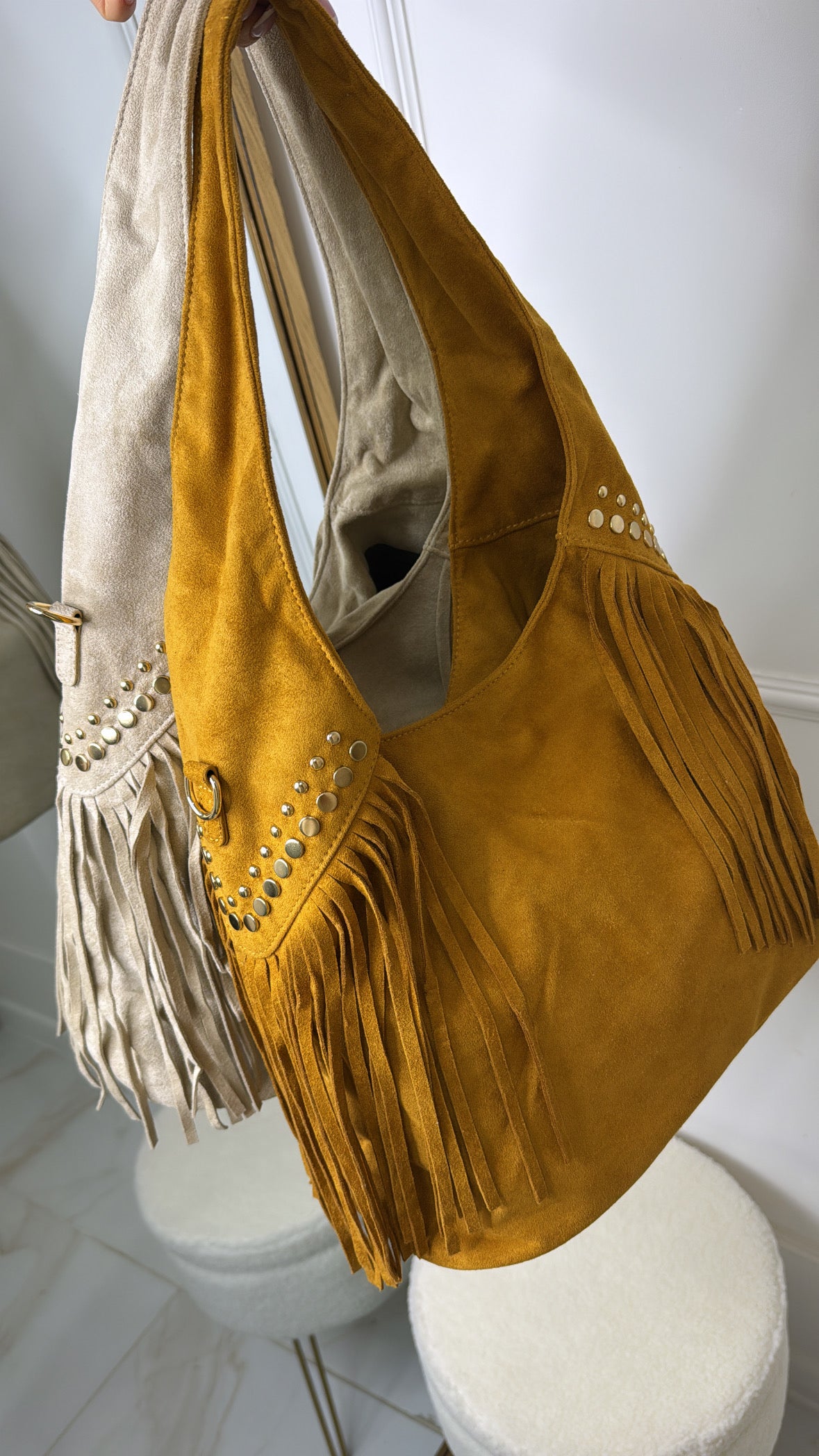 ARABELLA tan studded fringe suede tote bag