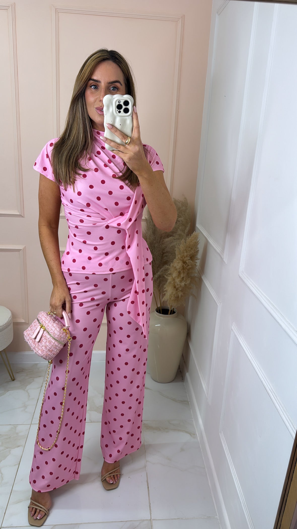 MINNIE pink polka dot tie front trouser set