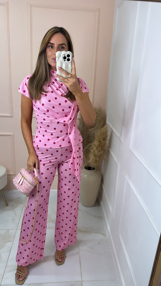 MINNIE pink polka dot tie front trouser set