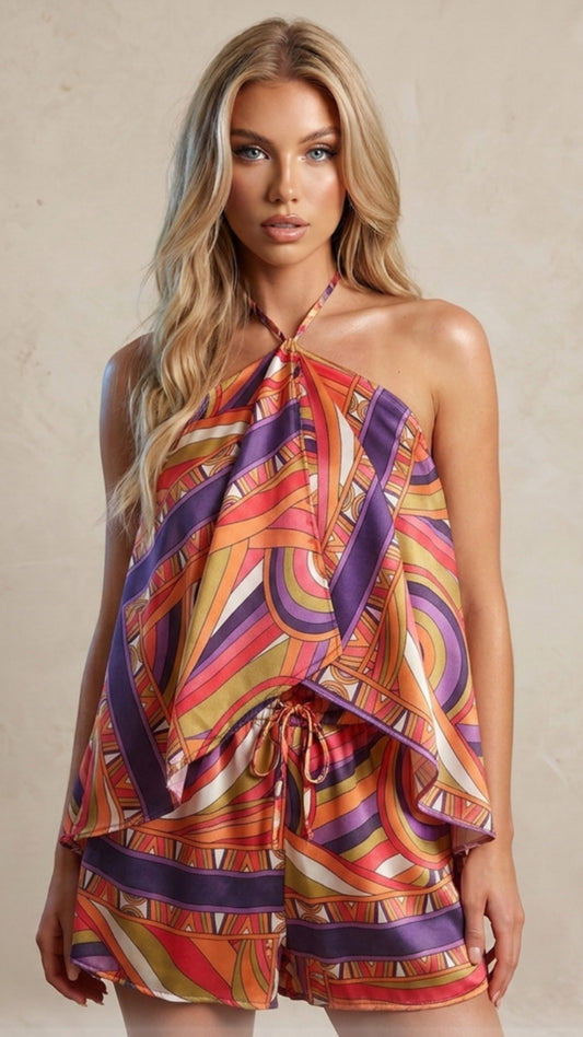 CIARA purple printed satin halter neck short set