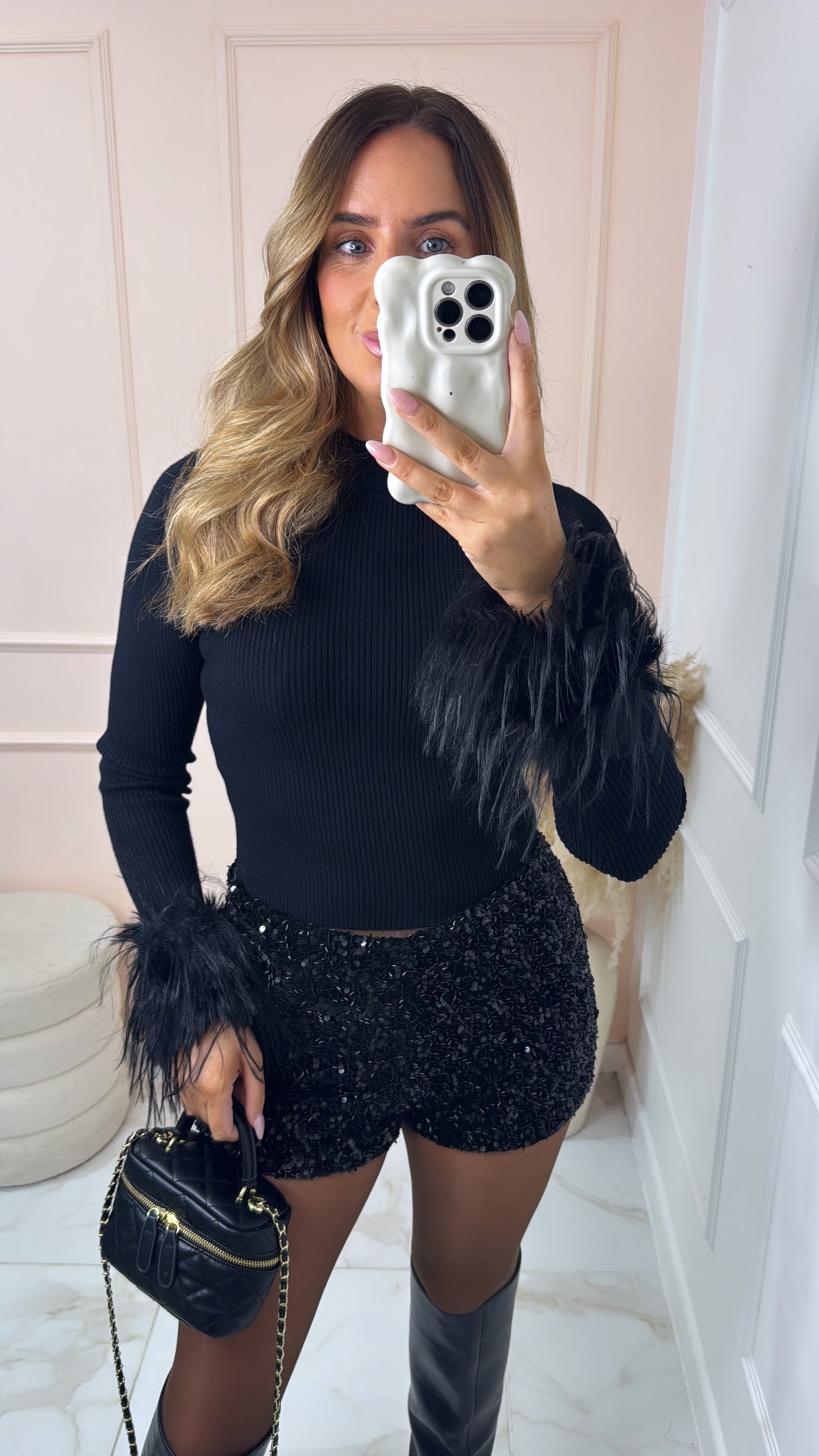 COCO black fine knit fur cuff jumper