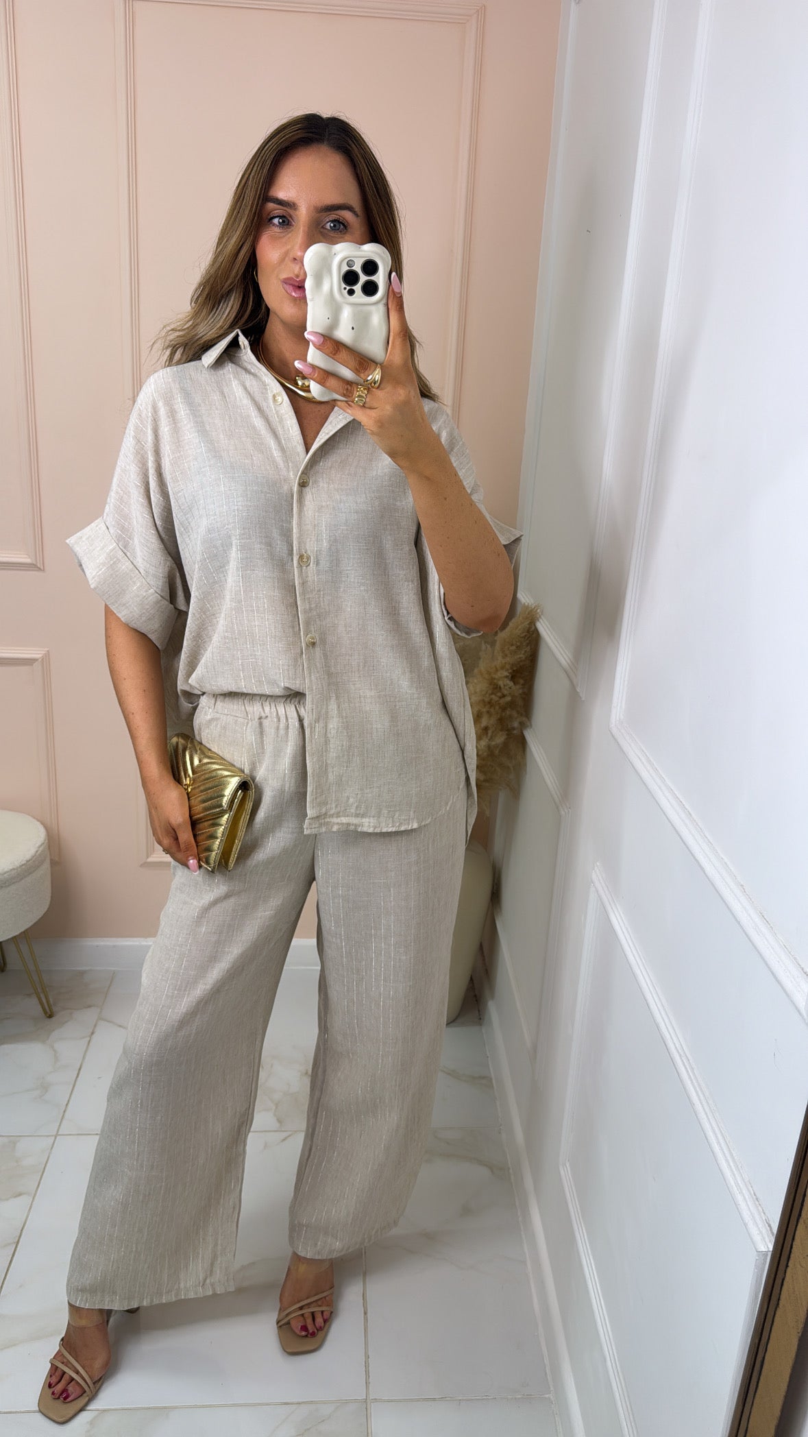 SOFIA beige metallic pinstripe boxy trouser set