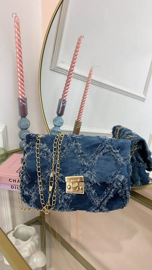 MILLIE blue distressed denim crossbody bag