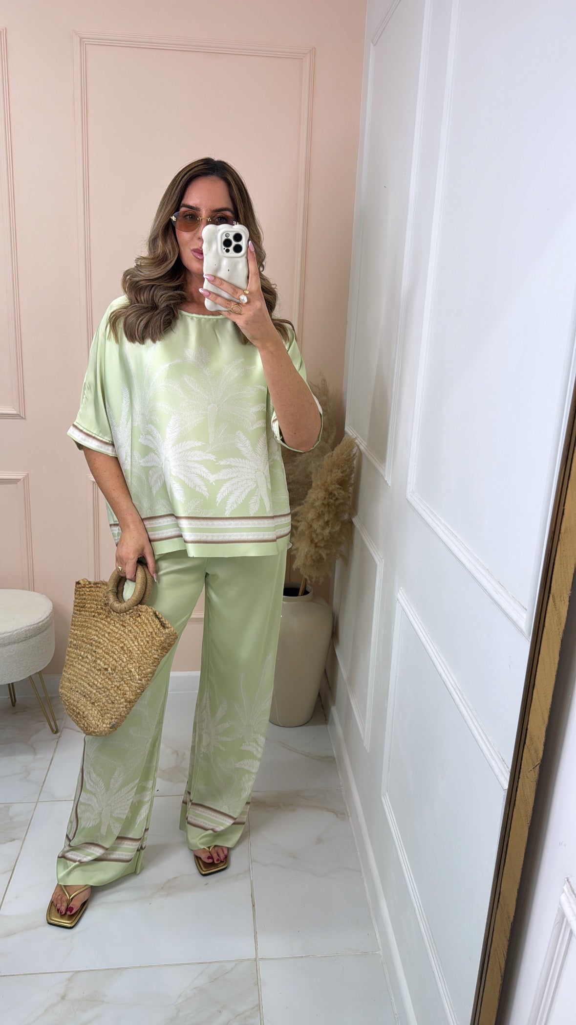 MILLIE mint palm print silky trouser set