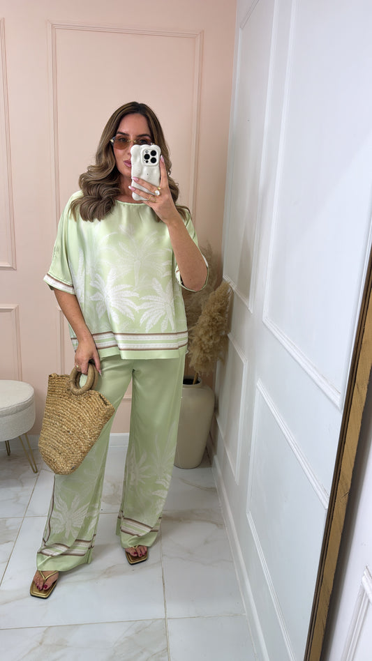 MILLIE mint palm print silky trouser set