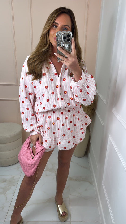 LILLIAN white daisy stripe cheesecloth playsuit