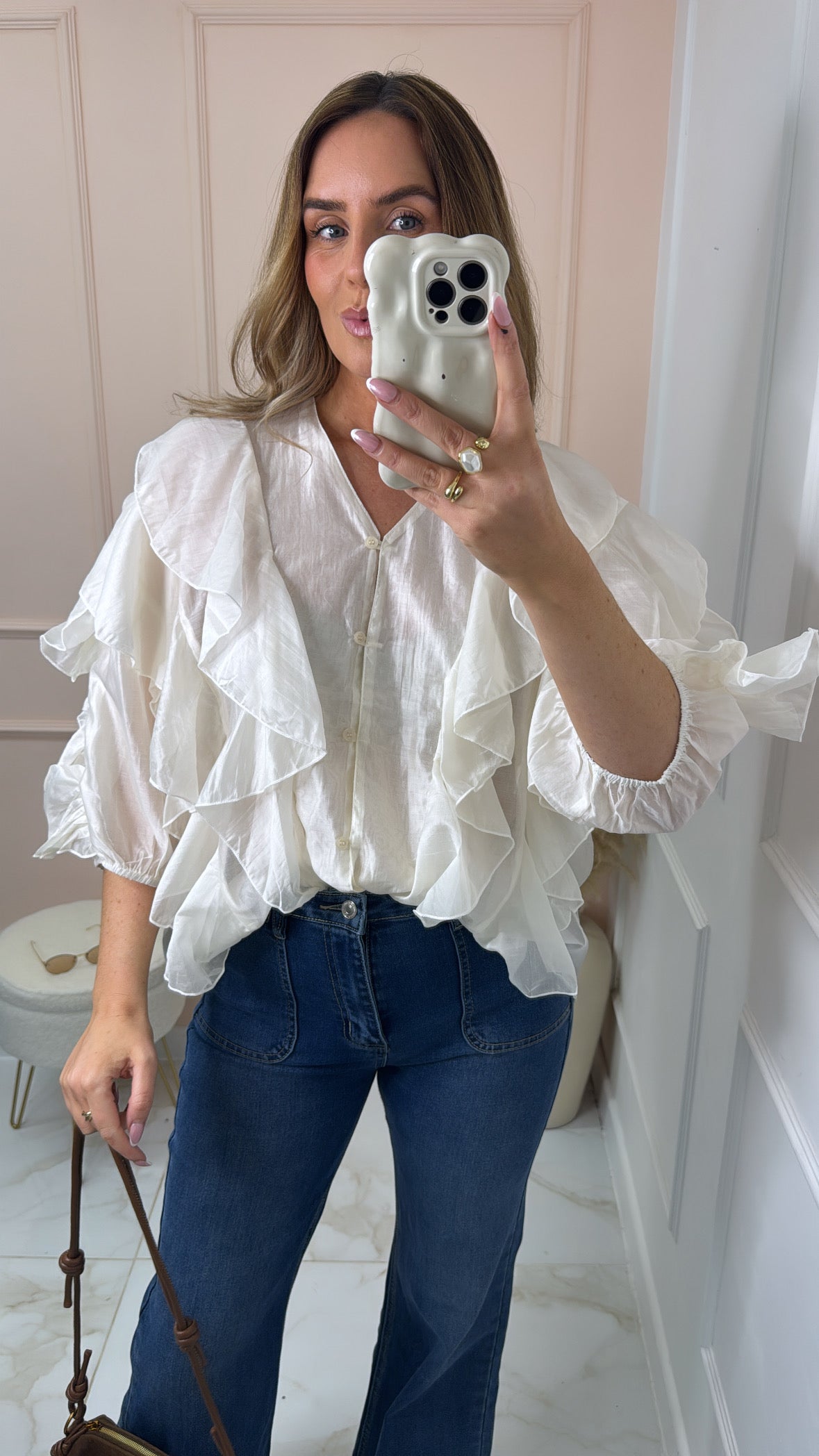 LOLA cream ruffle detail blouse