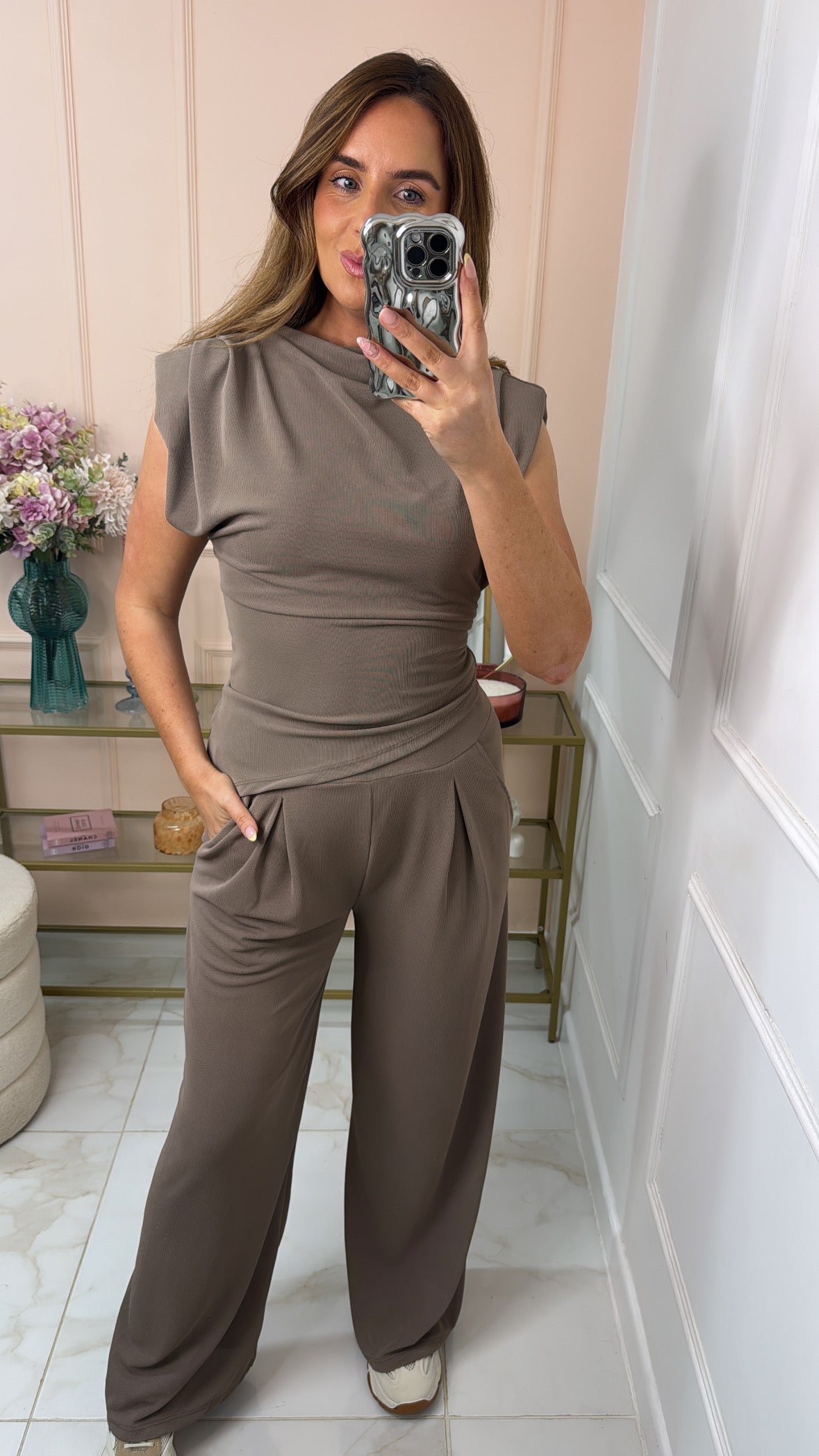ALANA taupe asymmetric hem trouser co-ord