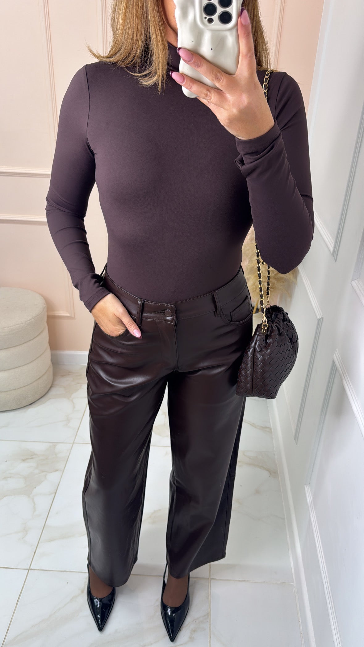 LOTTIE chocolate brown PU straight leg trousers
