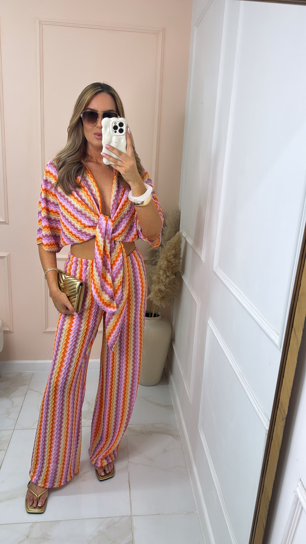 GEORGIA pink orange crochet tie front trouser set