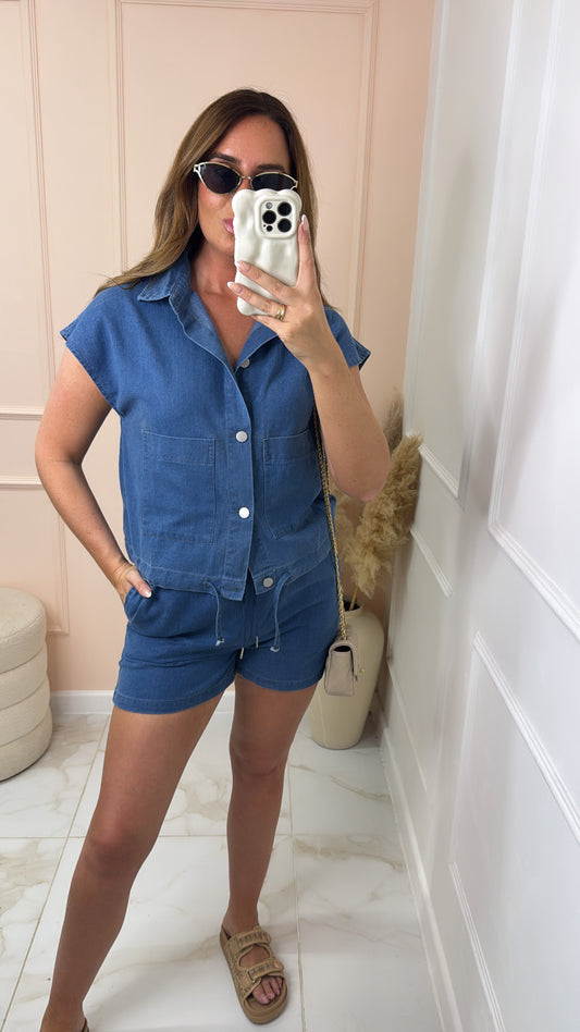 TONI dark wash denim short set