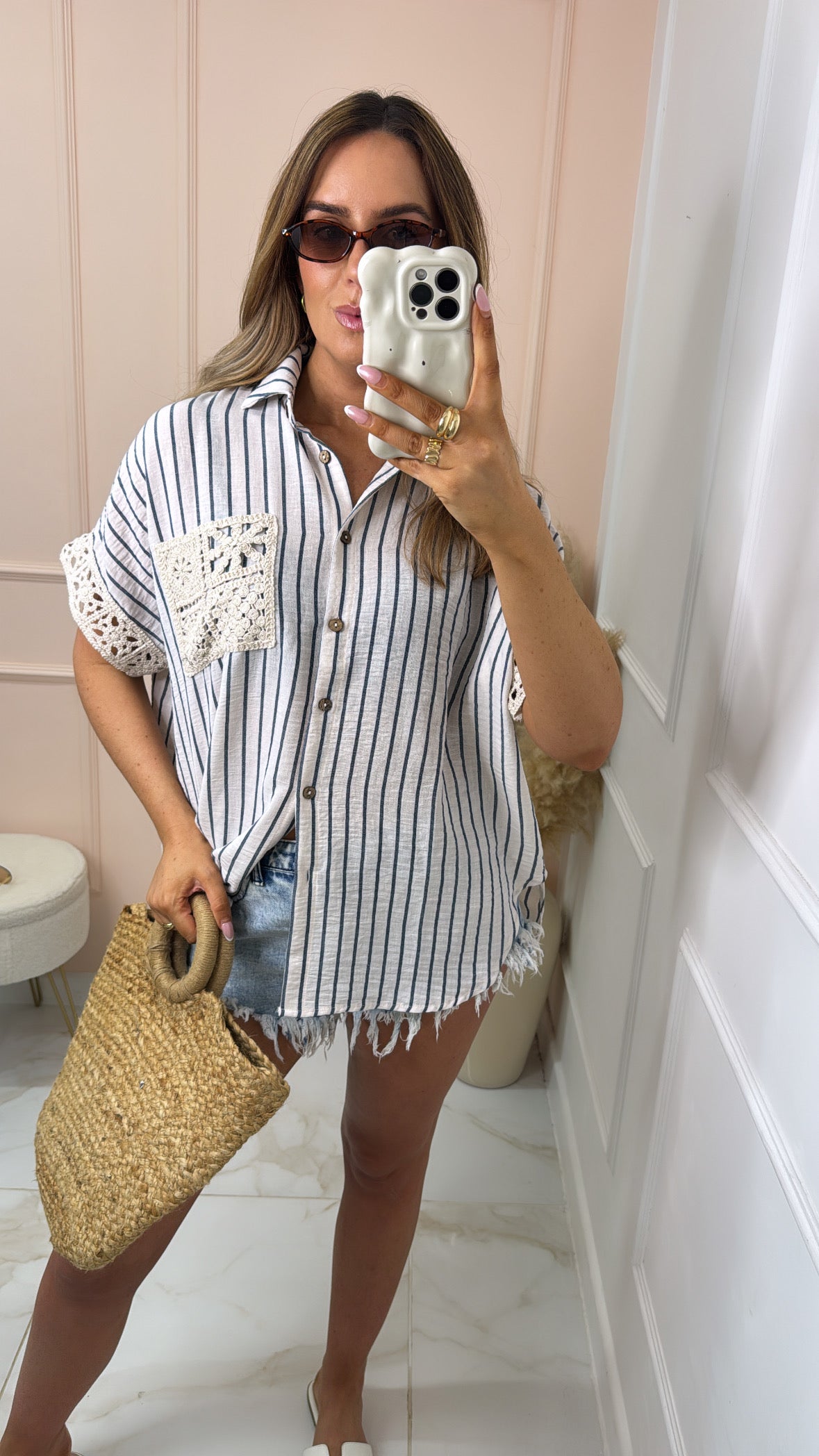 ISLA navy pinstripe crochet detail boxy blouse