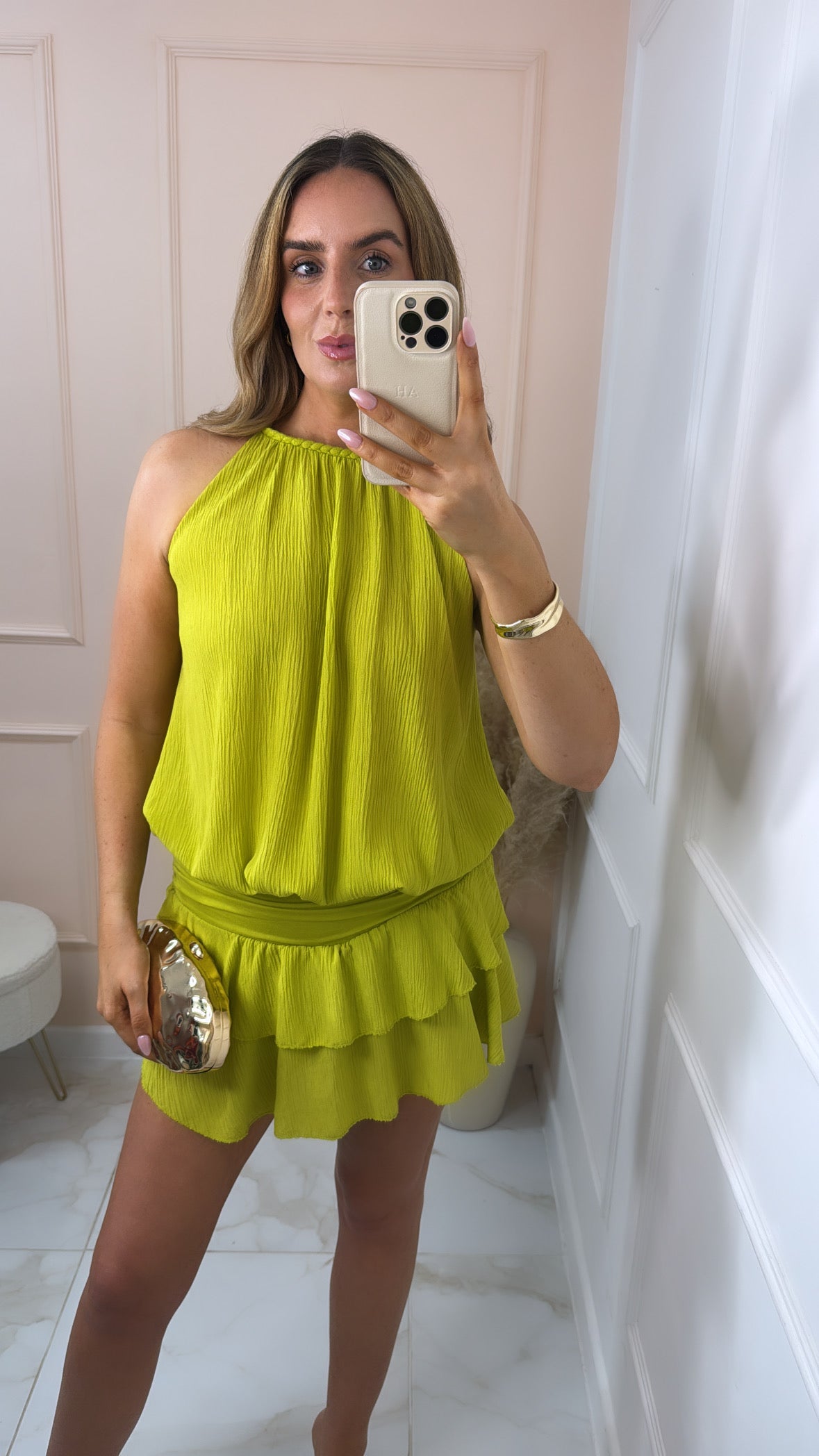ADA lime halter neck cheesecloth rara playsuit