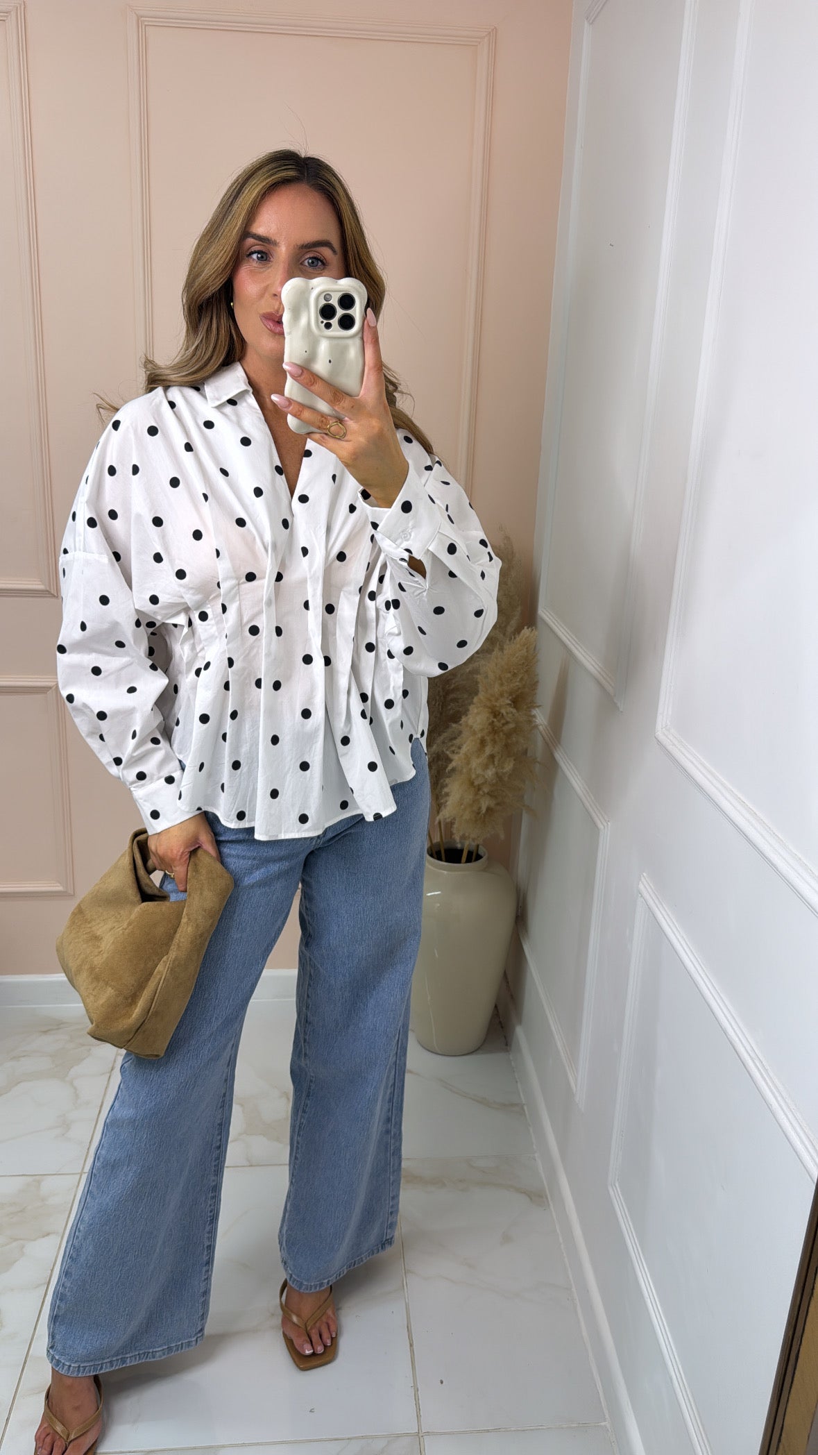 MERCY white polka dot gathered pleat blouse