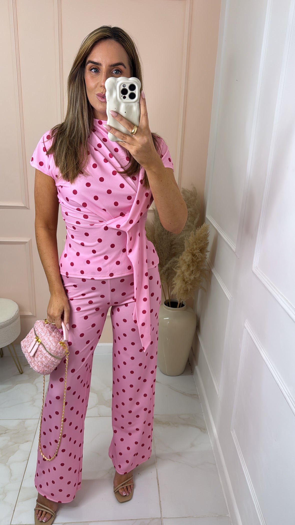 MINNIE pink polka dot tie front trouser set