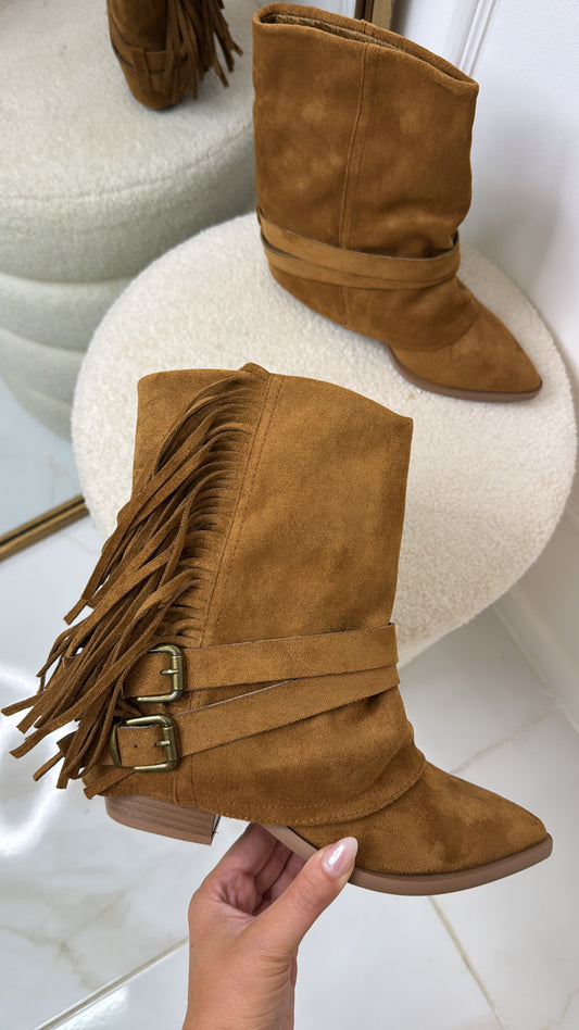 MATILDA camel suede tassel boots