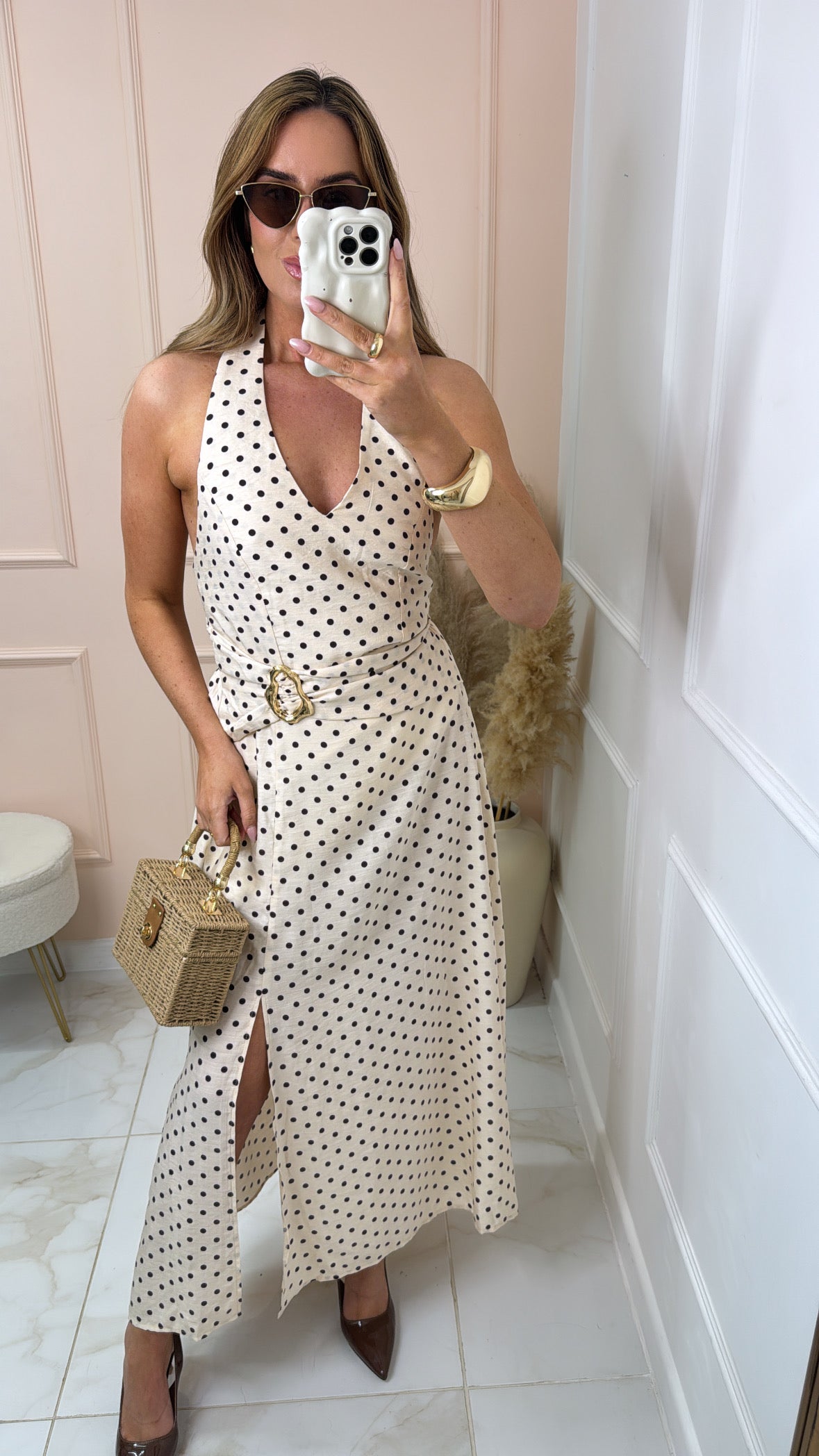 BIANCA beige polka dot halter midi dress
