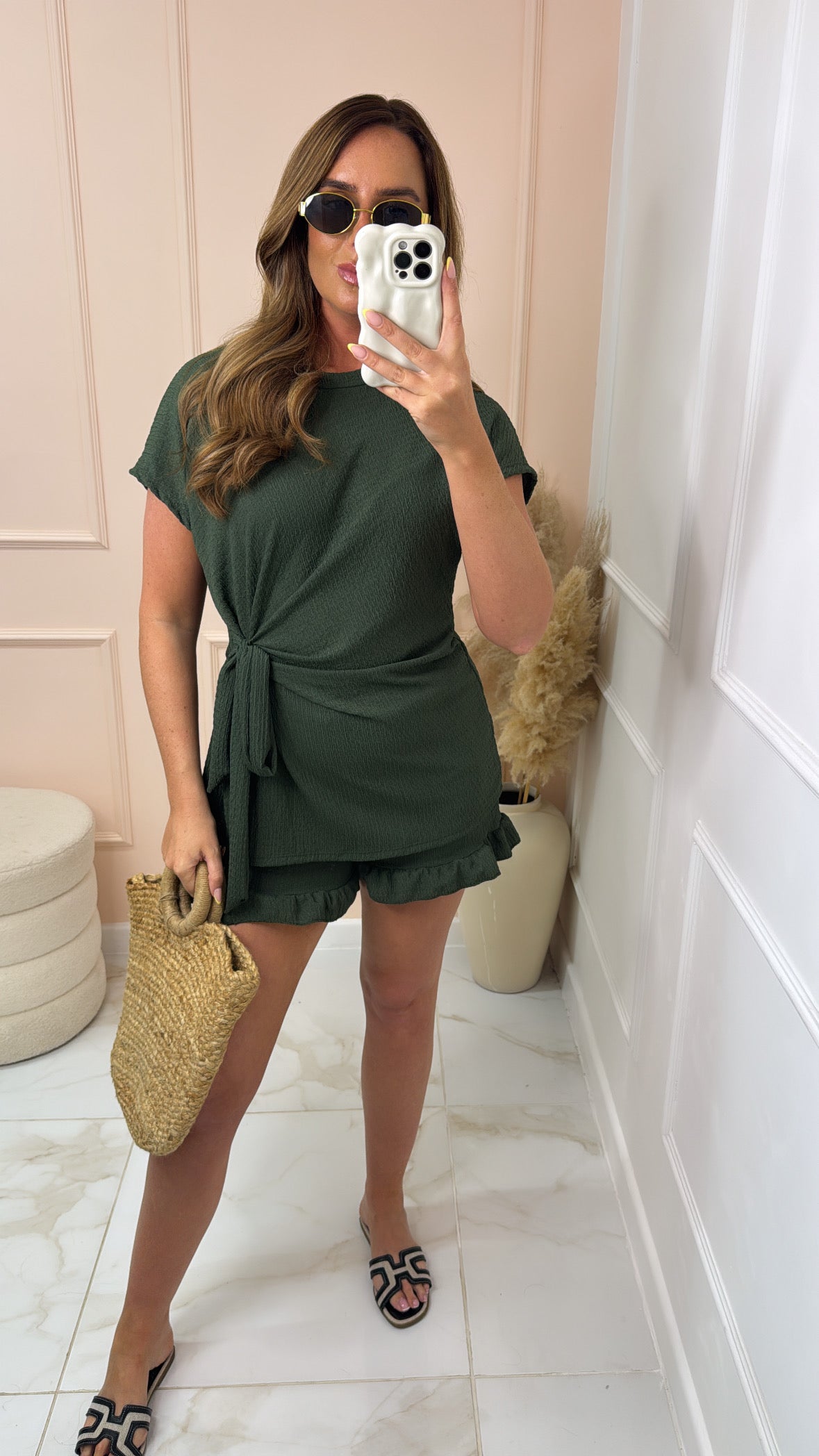 NOVA khaki crinkle tie frill short set