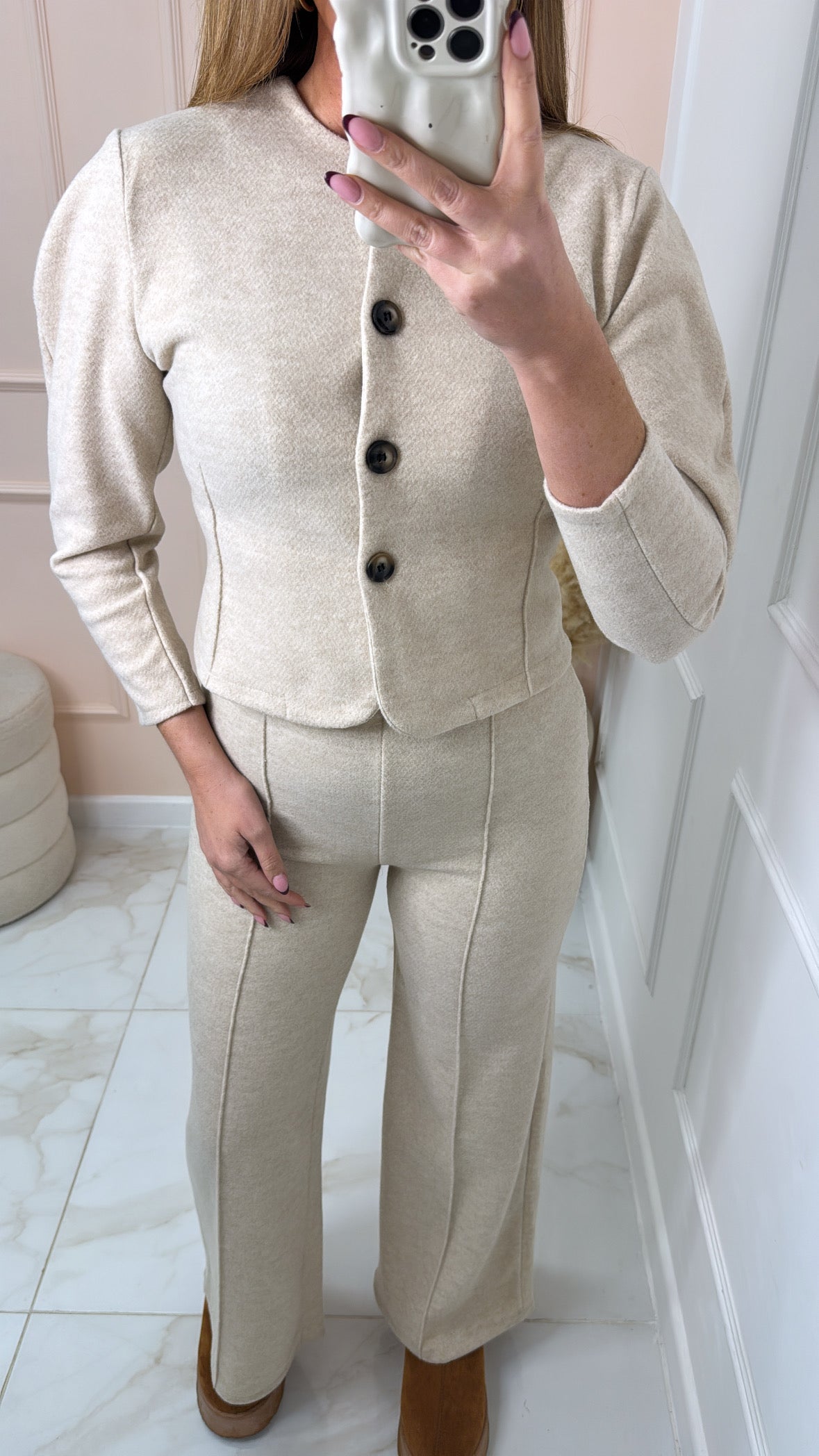 SHARNA petite beige button puff sleeve lounge set