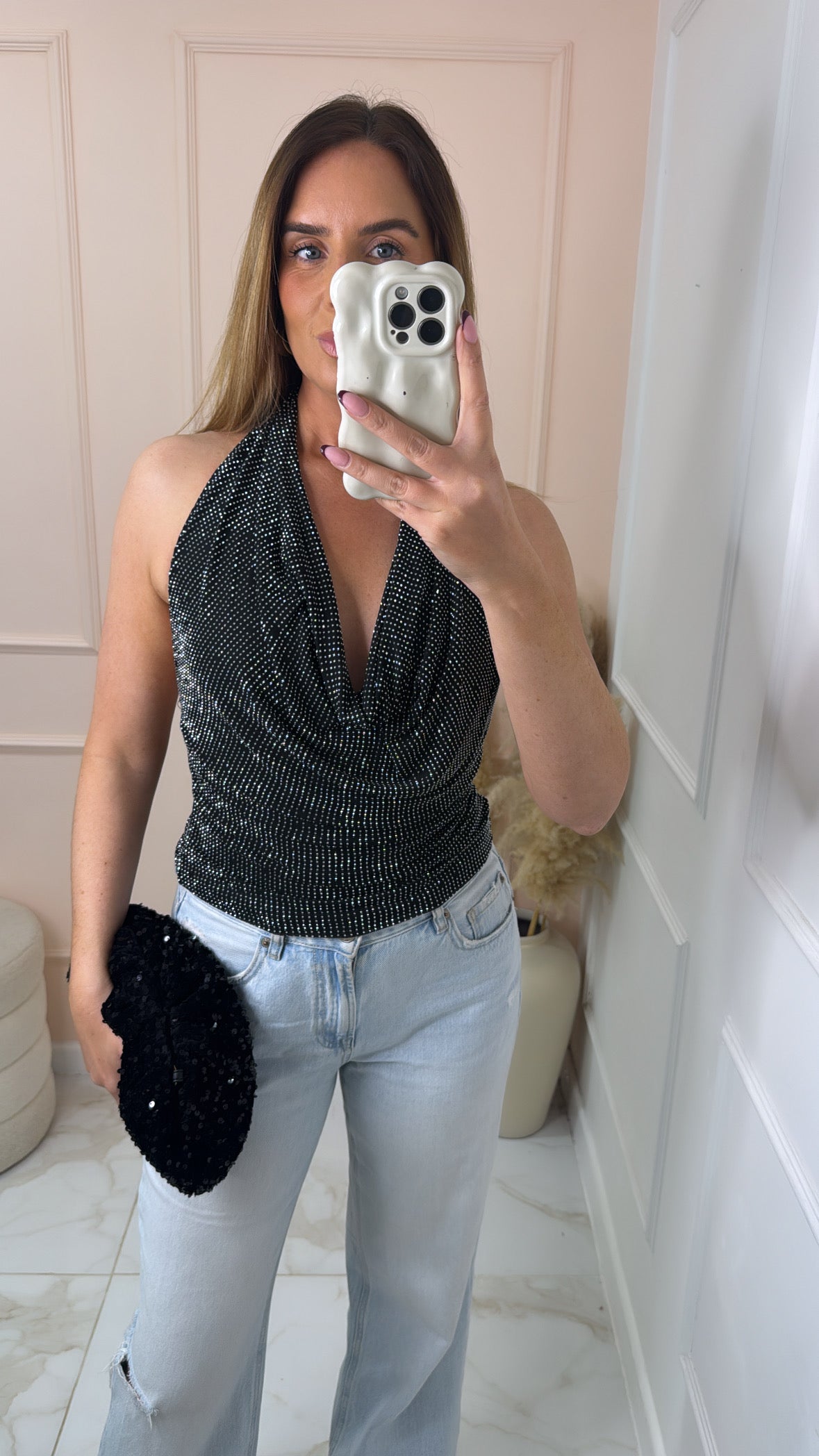 ROSA black embellished halter neck top