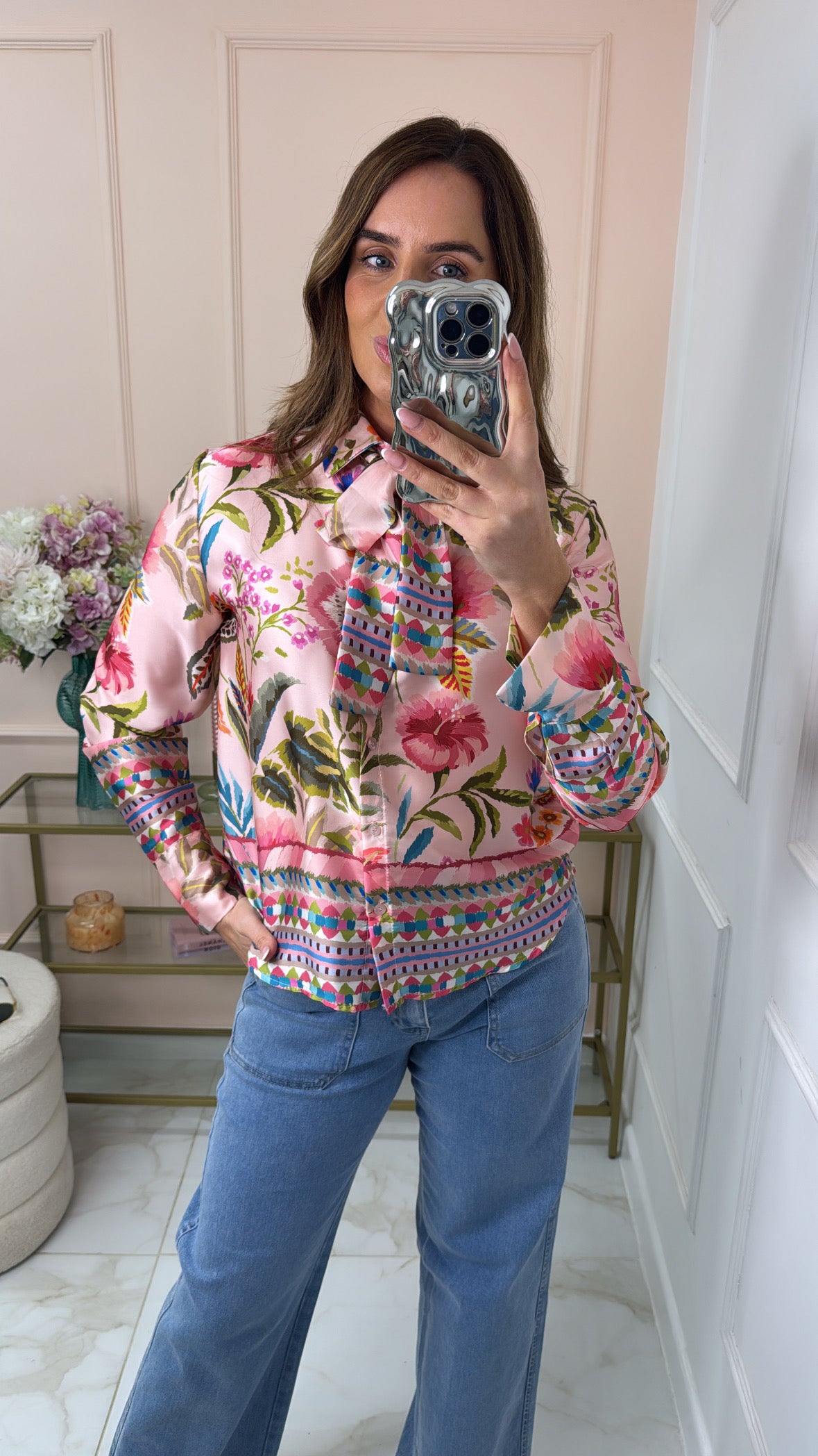 FLORENCE pink floral satin tie blouse