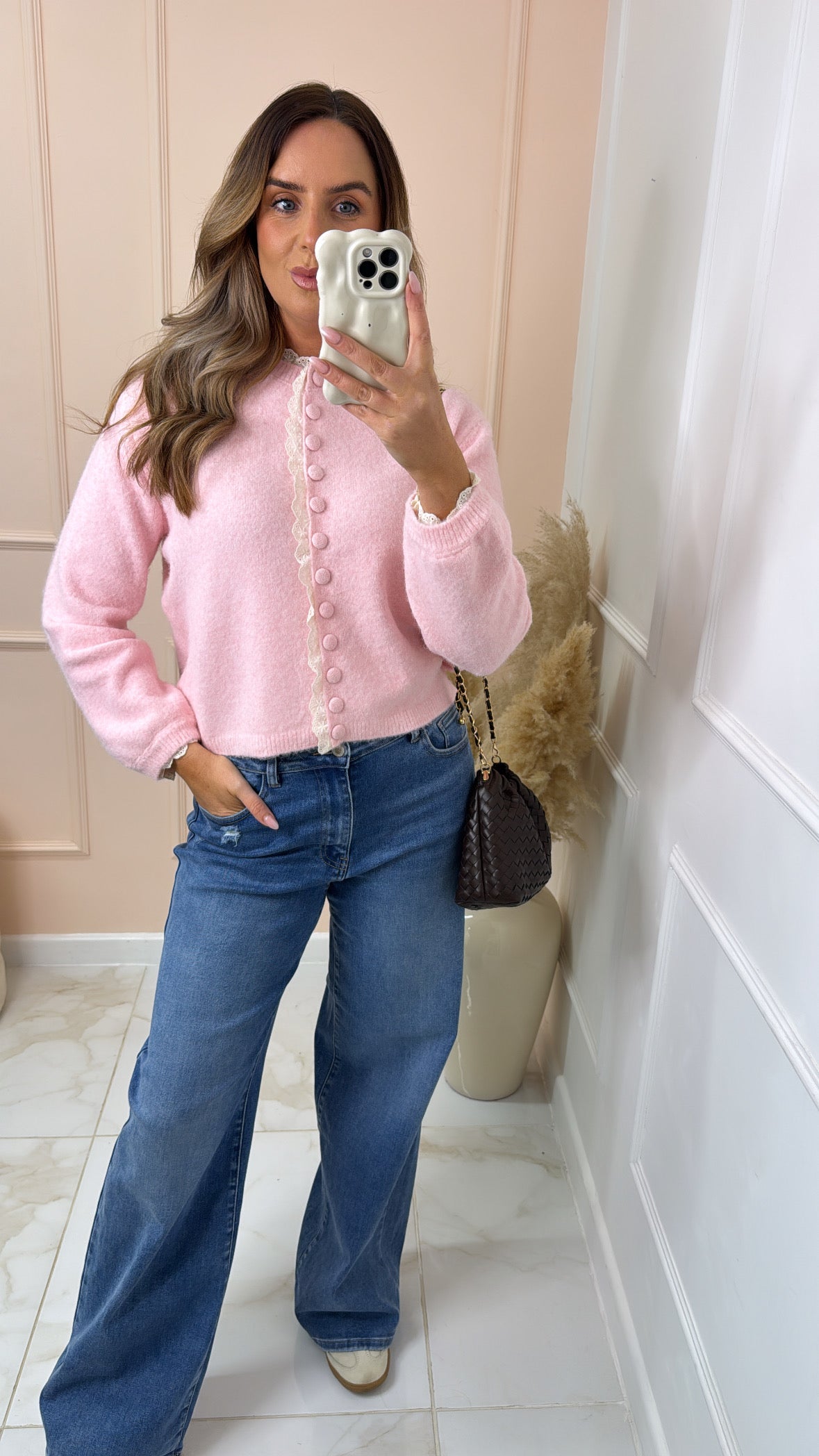 FINLEY pink broderie trim cardigan