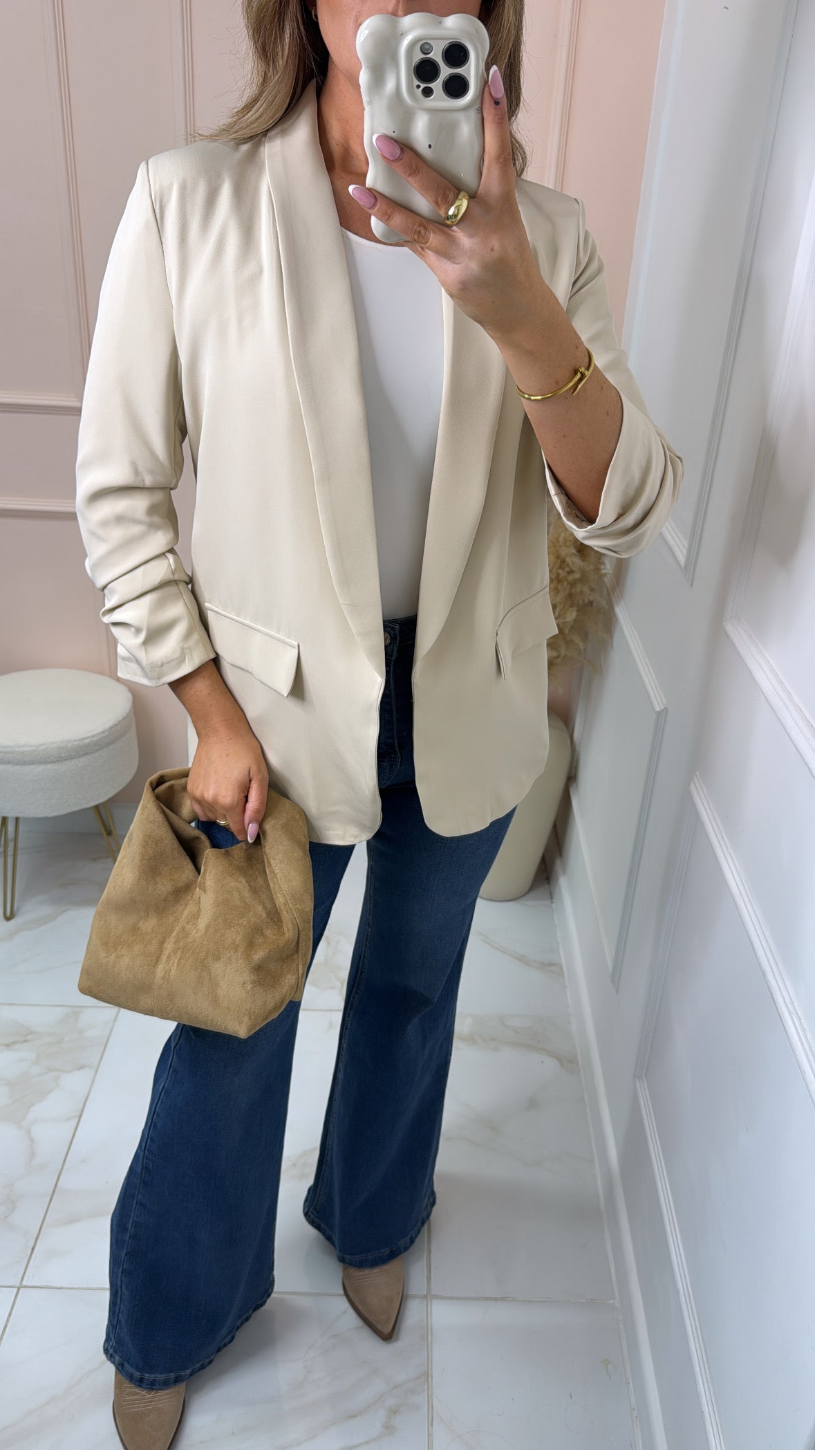 CAMILLA beige ruched sleeve blazer
