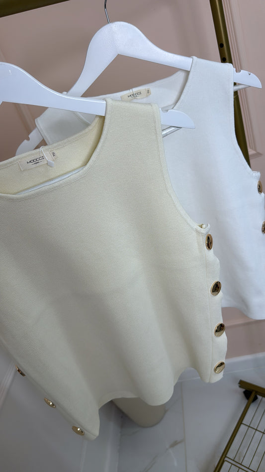HALLIE cream side gold button fine knit waistcoat