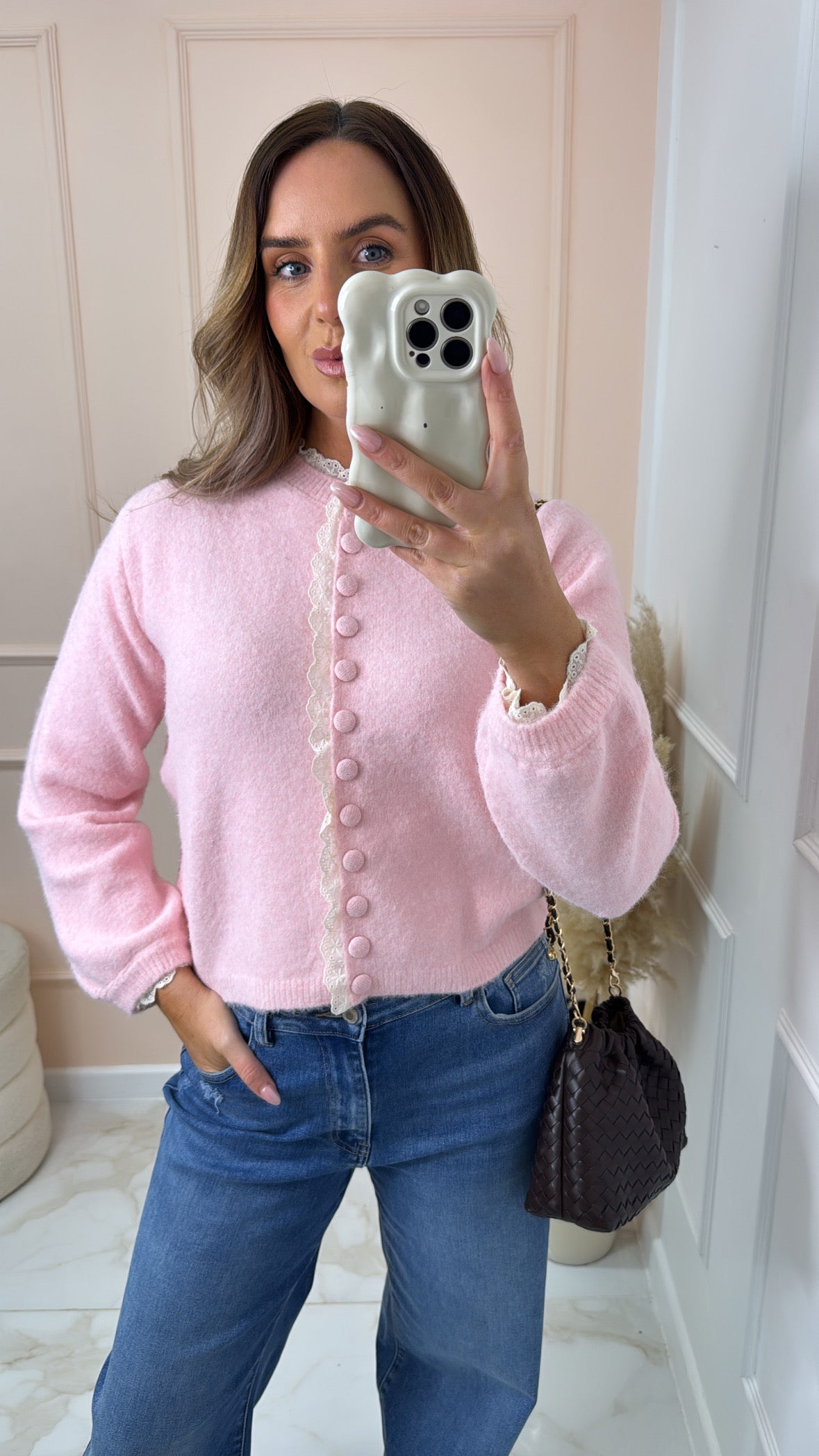 FINLEY pink broderie trim cardigan