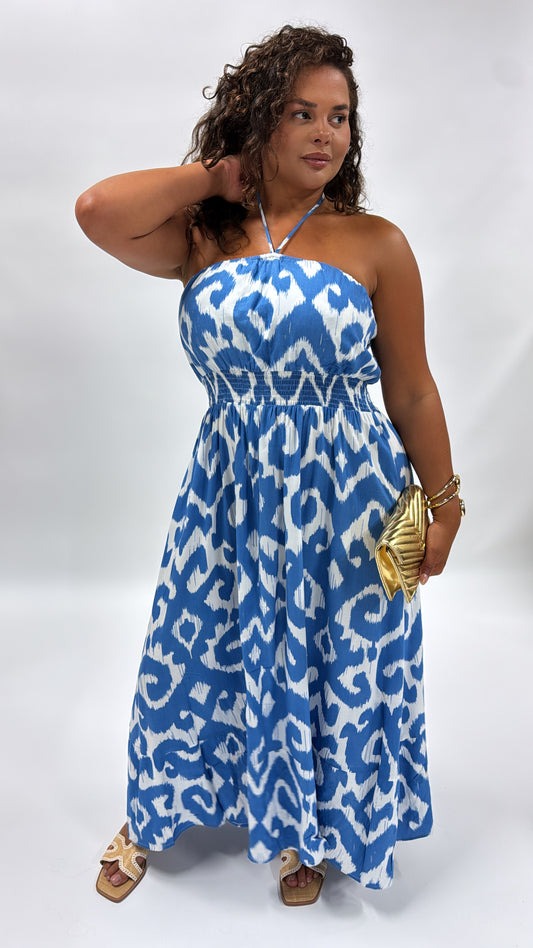 ROSE blue patterned bandeau maxi dress