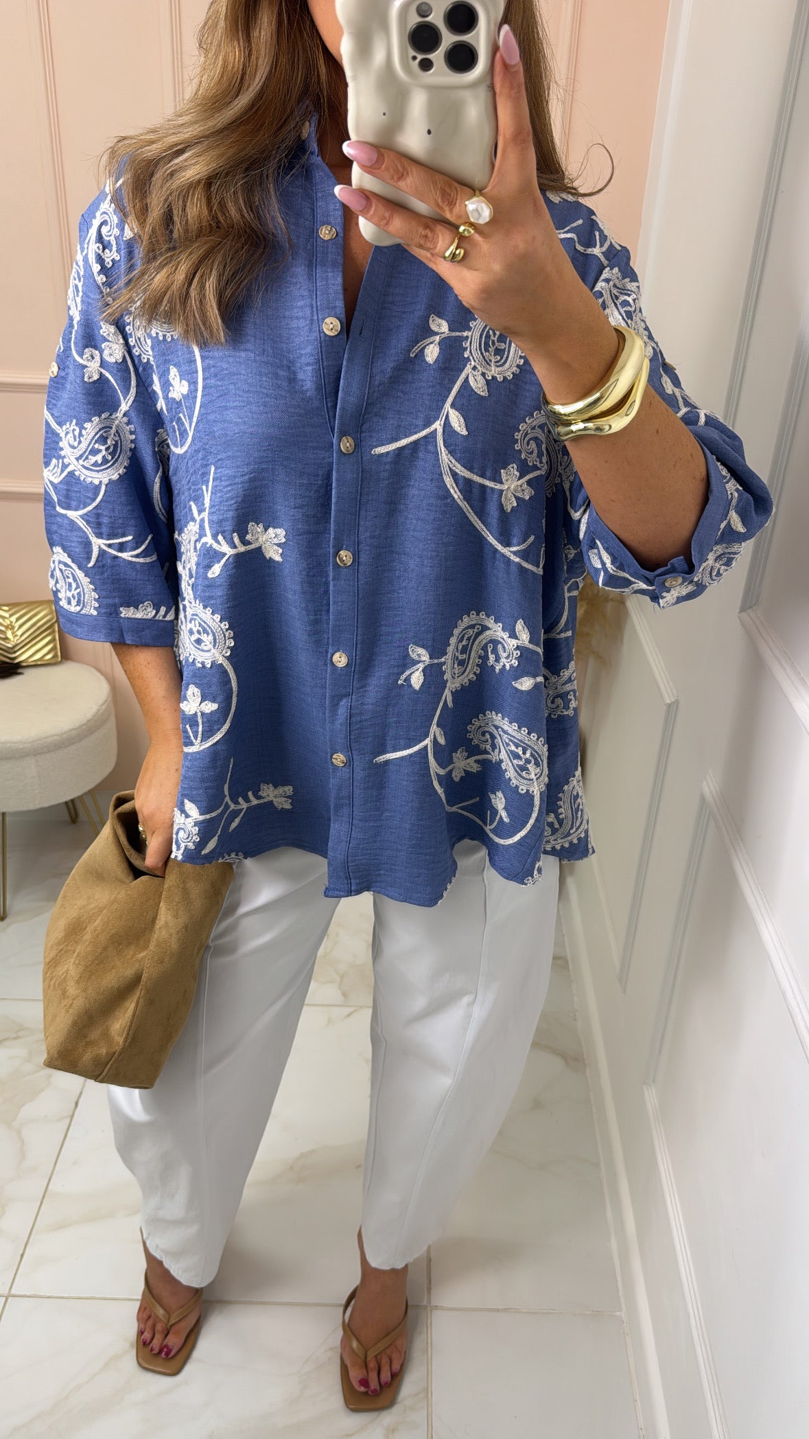 AMELIA blue paisley embroidered dip hem blouse
