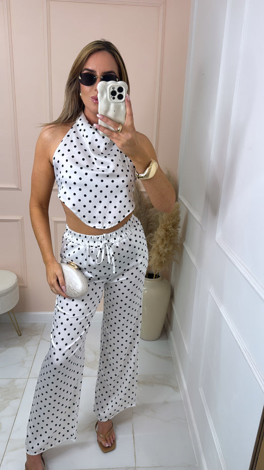 TALIA white polka dot halter neck trouser set