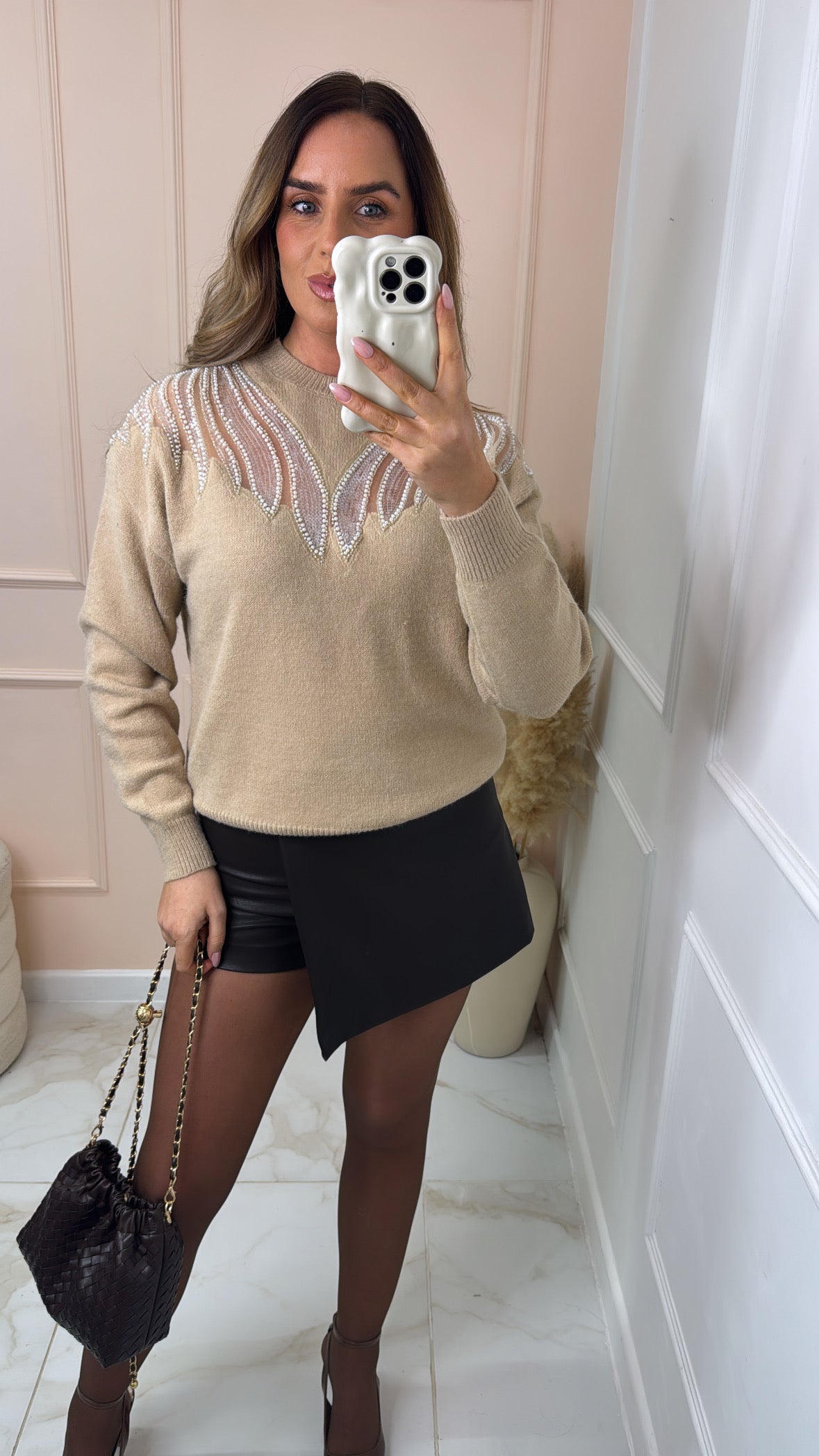 NIKKI beige embellished soft knit jumper