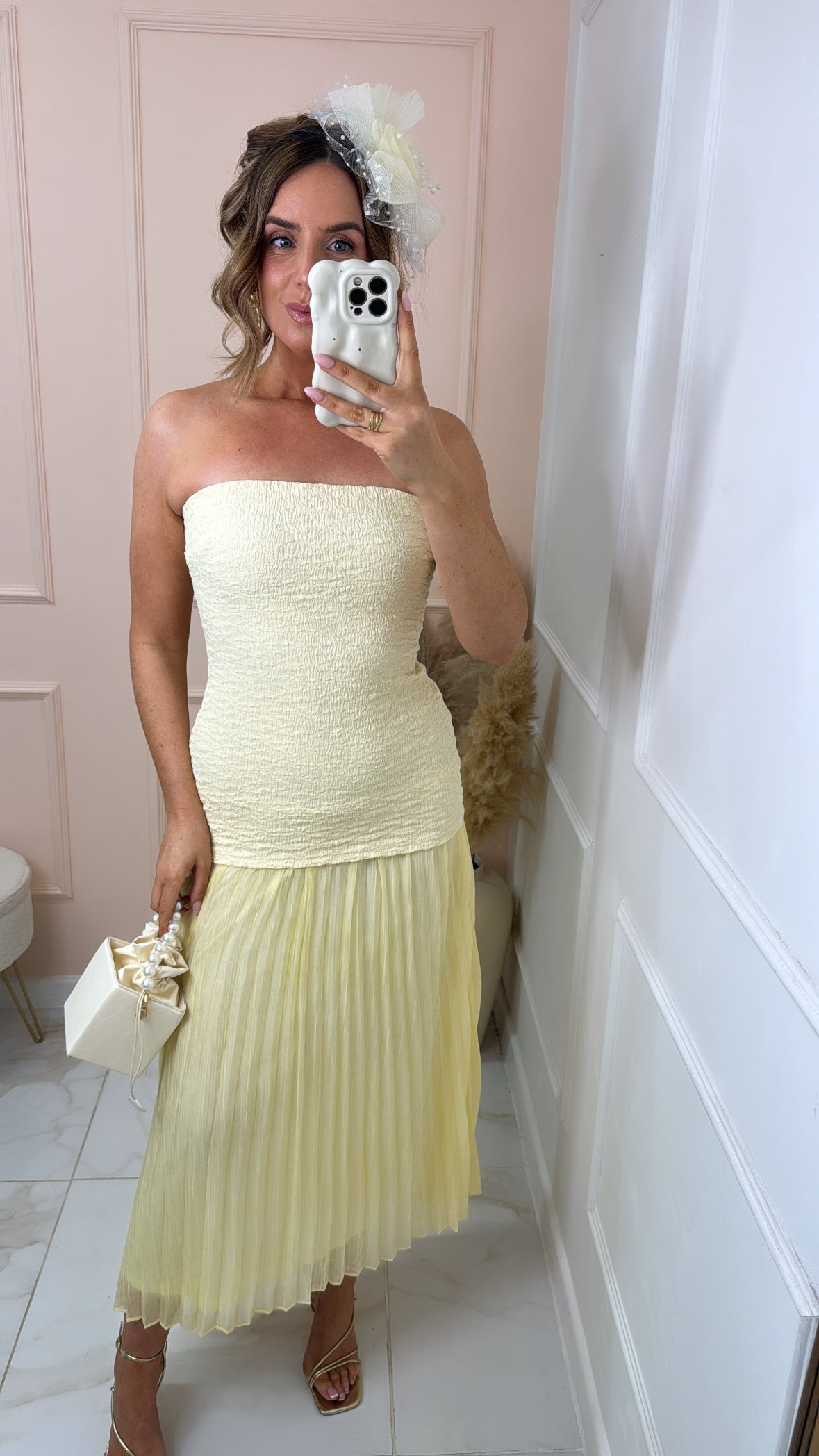 FLORA lemon shirred bandeau maxi dress