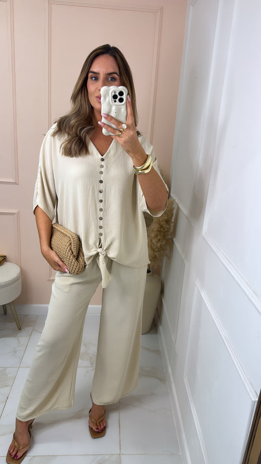 LUNA stone button tie front trouser set