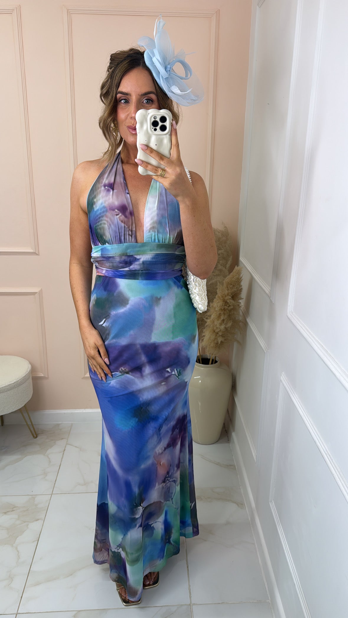 JADE blue abstract halter maxi dress