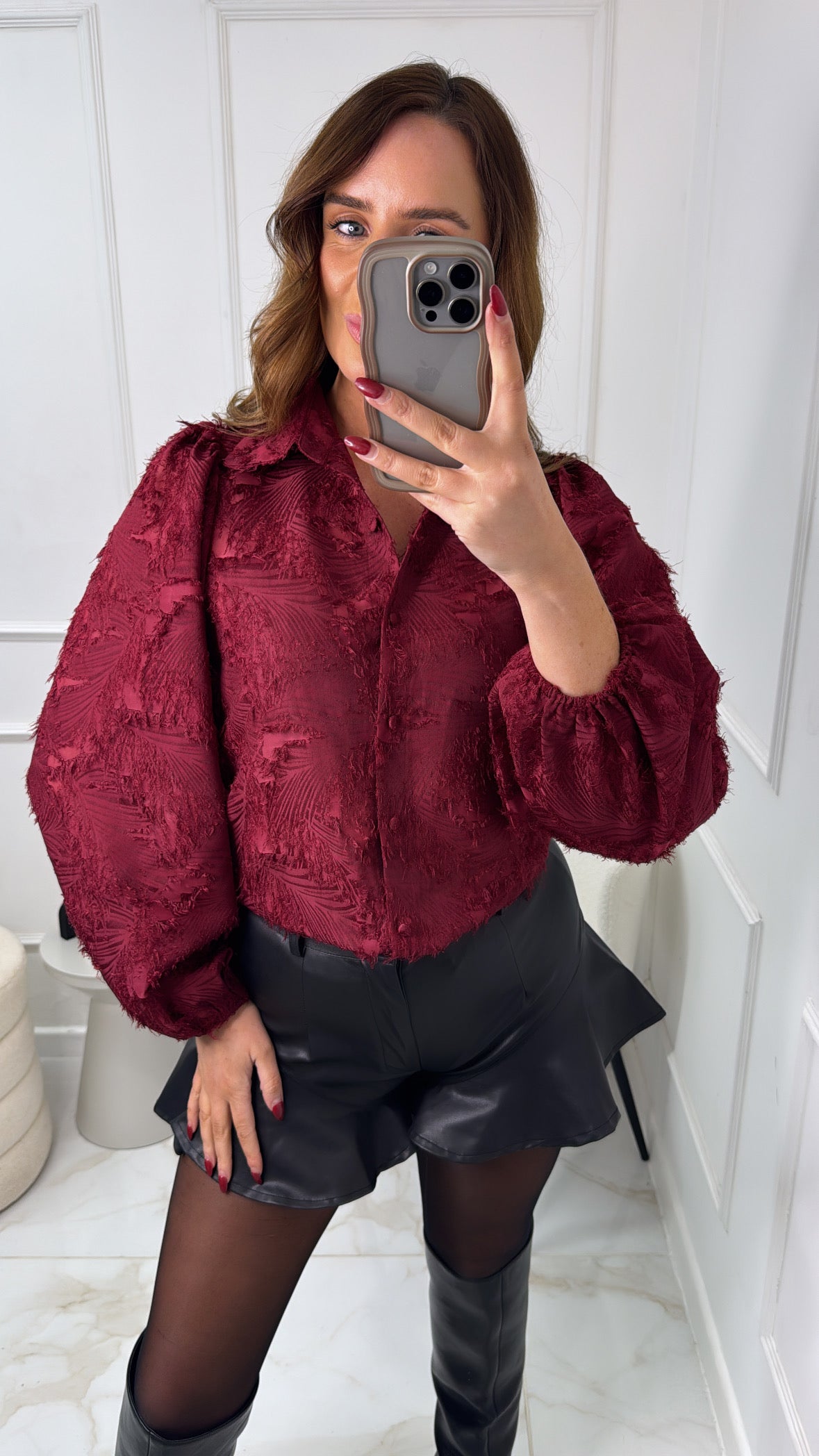 ABBIE burgundy textured balloon sleeve blouse
