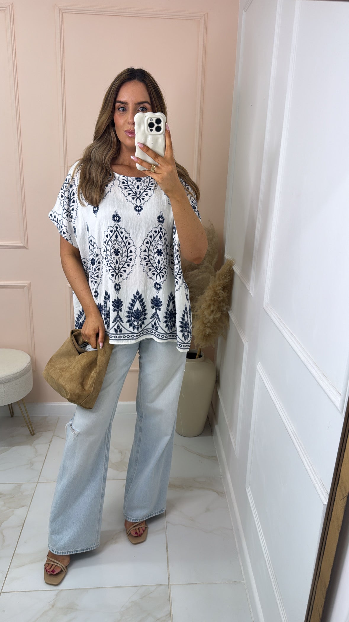 EVIE white paisley linen blend boxy blouse