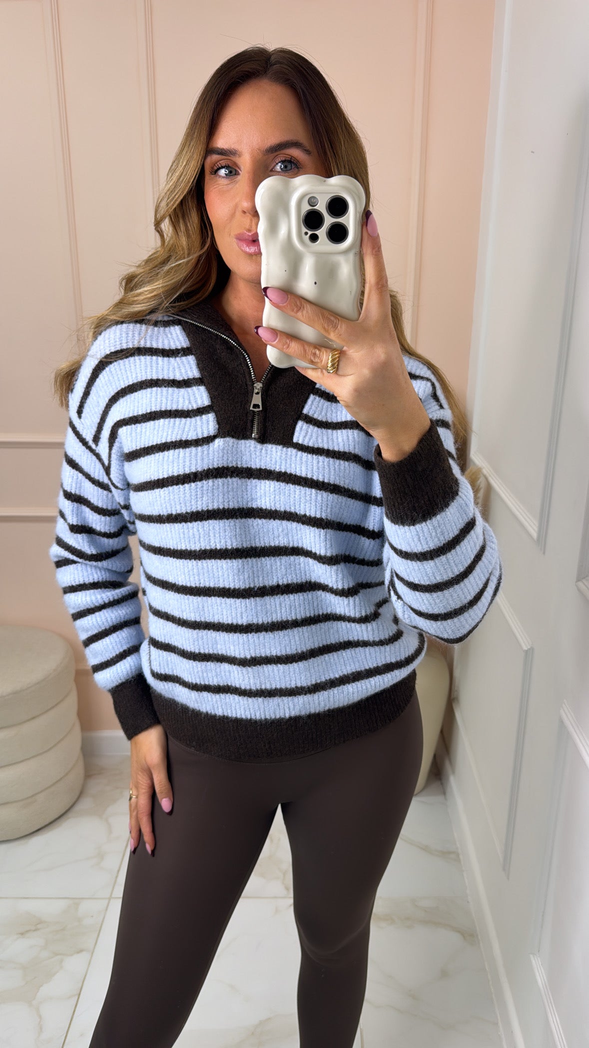 LULU blue stripe half zip knit sweater