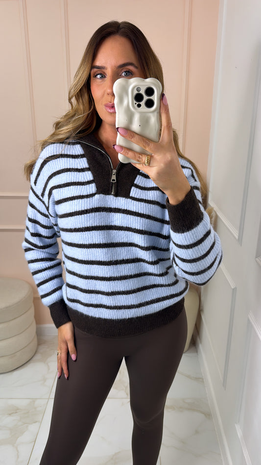 LULU blue stripe half zip knit sweater