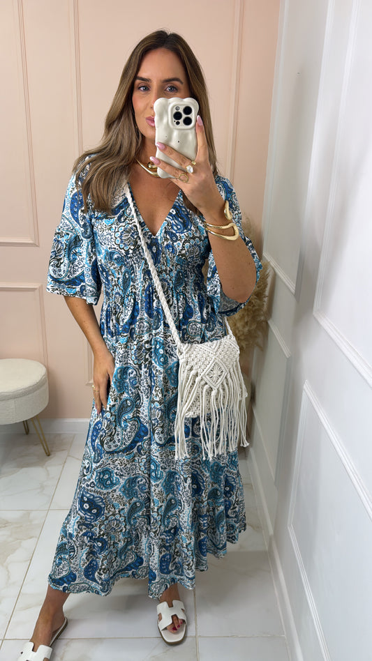 MAYA blue paisley Shirred waist boho dress